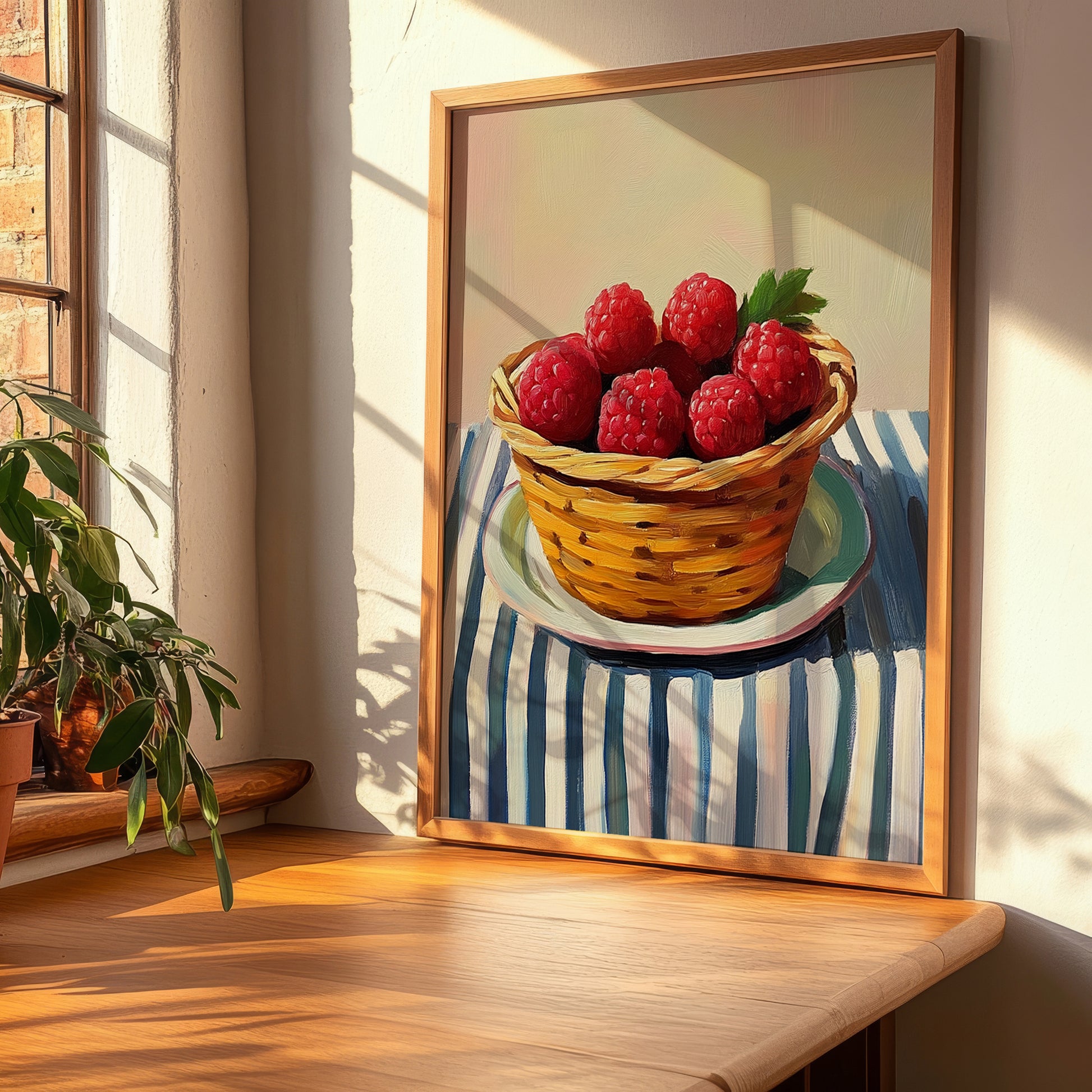 Raspberry – on Striped Tablecloth, Berries Poster, clean layout with no caption