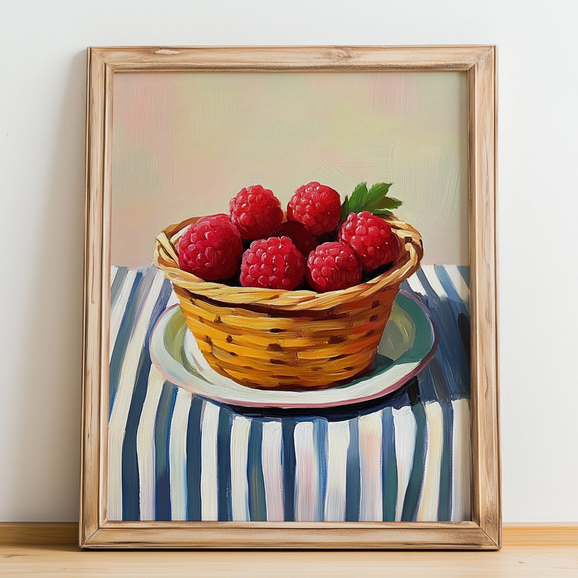Raspberry – on Striped Tablecloth, Berries Poster, no-text version framed in wood