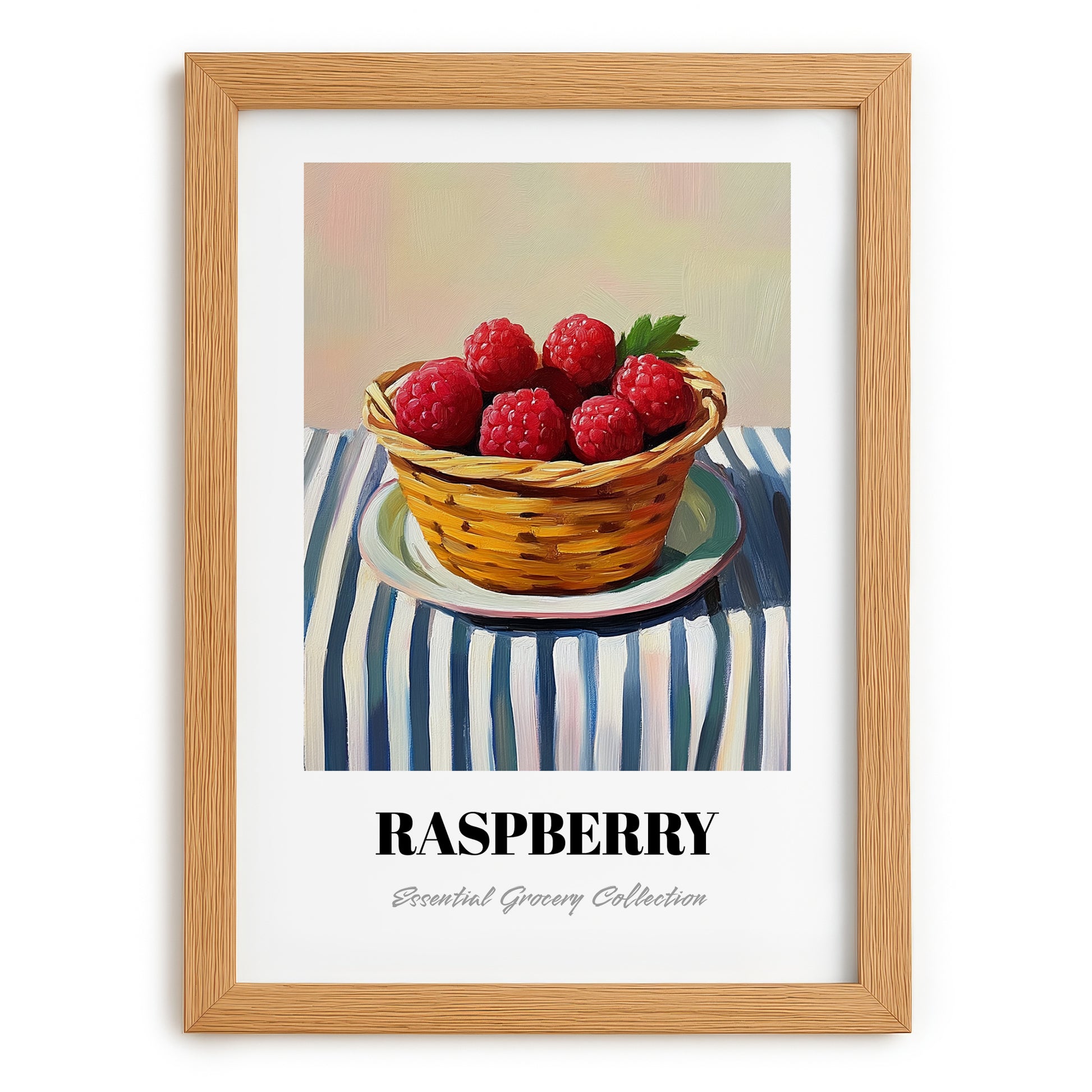 Raspberry – on Striped Tablecloth, Berries Poster, set in oak frame