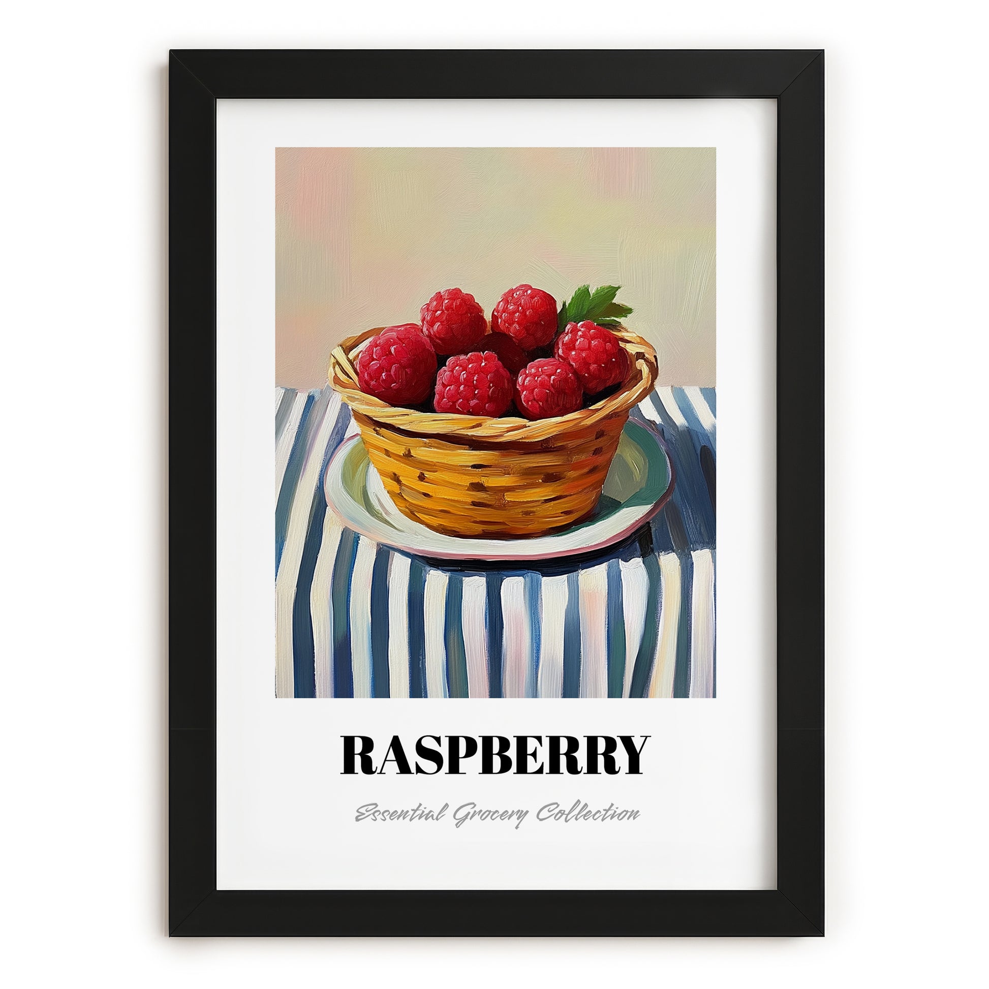 Raspberry – on Striped Tablecloth, Berries Poster, in sleek black frame
