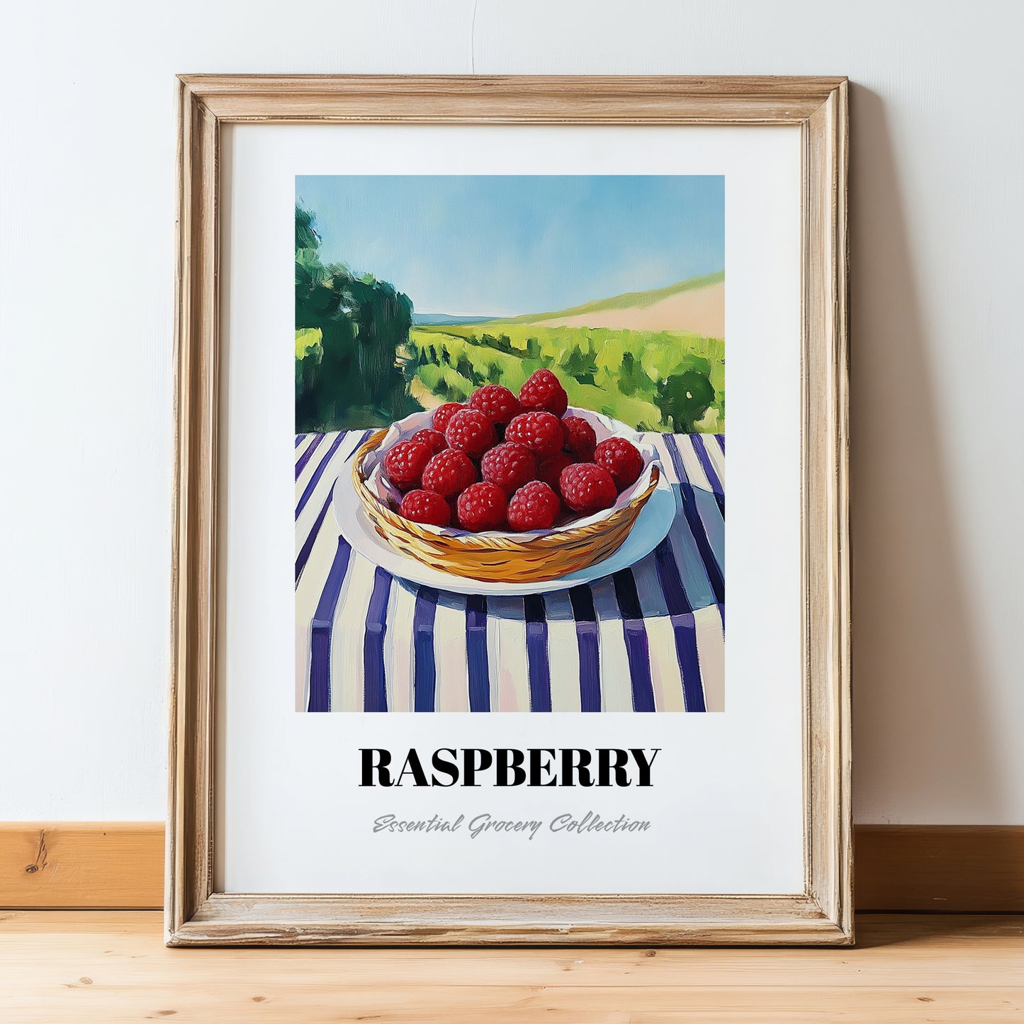 Raspberry – Valley Café Scene, Berries Wall Decor, in wooden frame leaning on the floor
