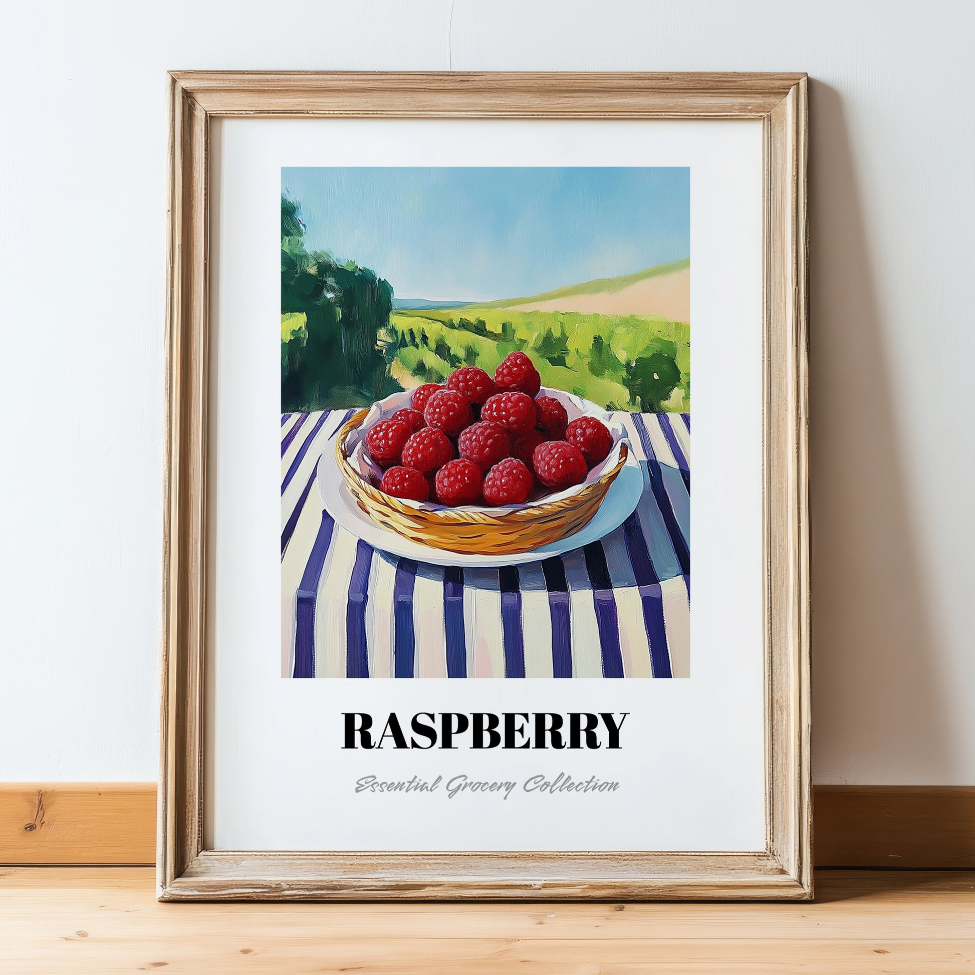 Raspberry – Valley Café Scene, Berries Wall Decor, in wooden frame leaning on the floor
