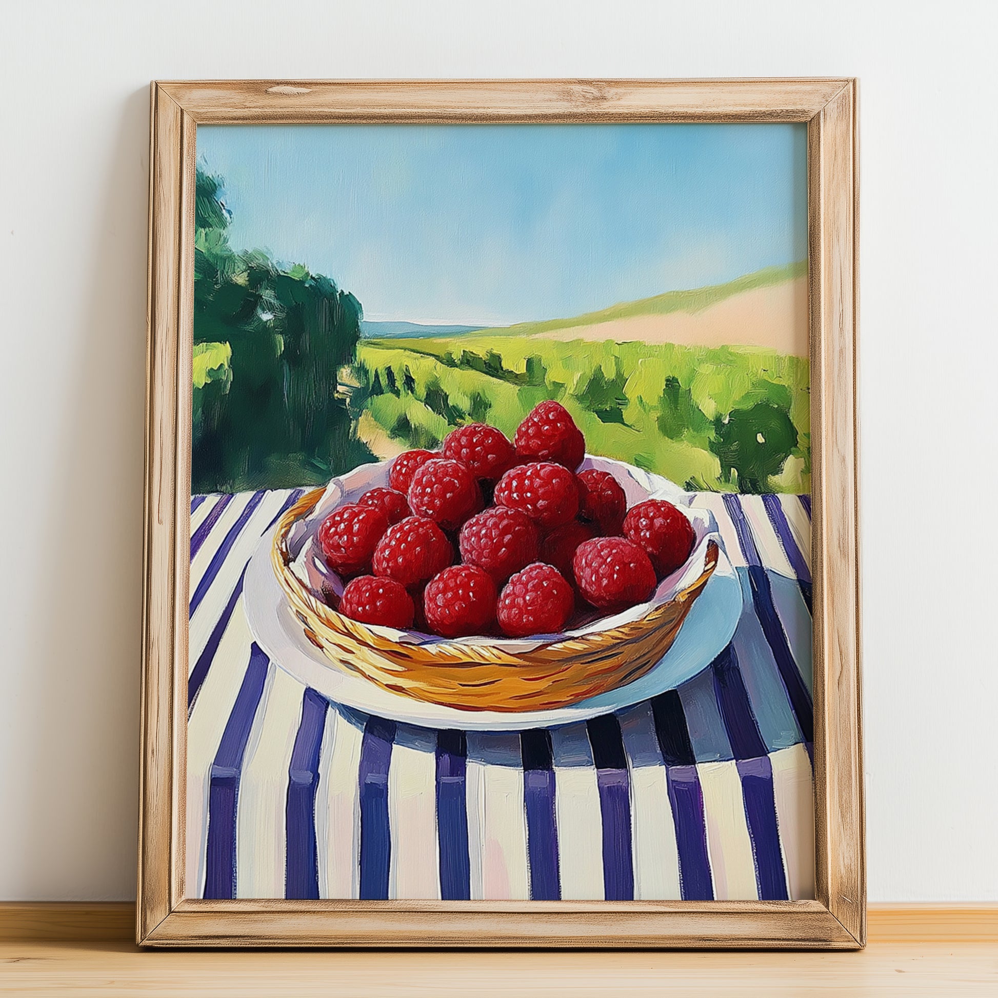 Raspberry – Valley Café Scene, Berries Wall Decor, no-text version framed in wood