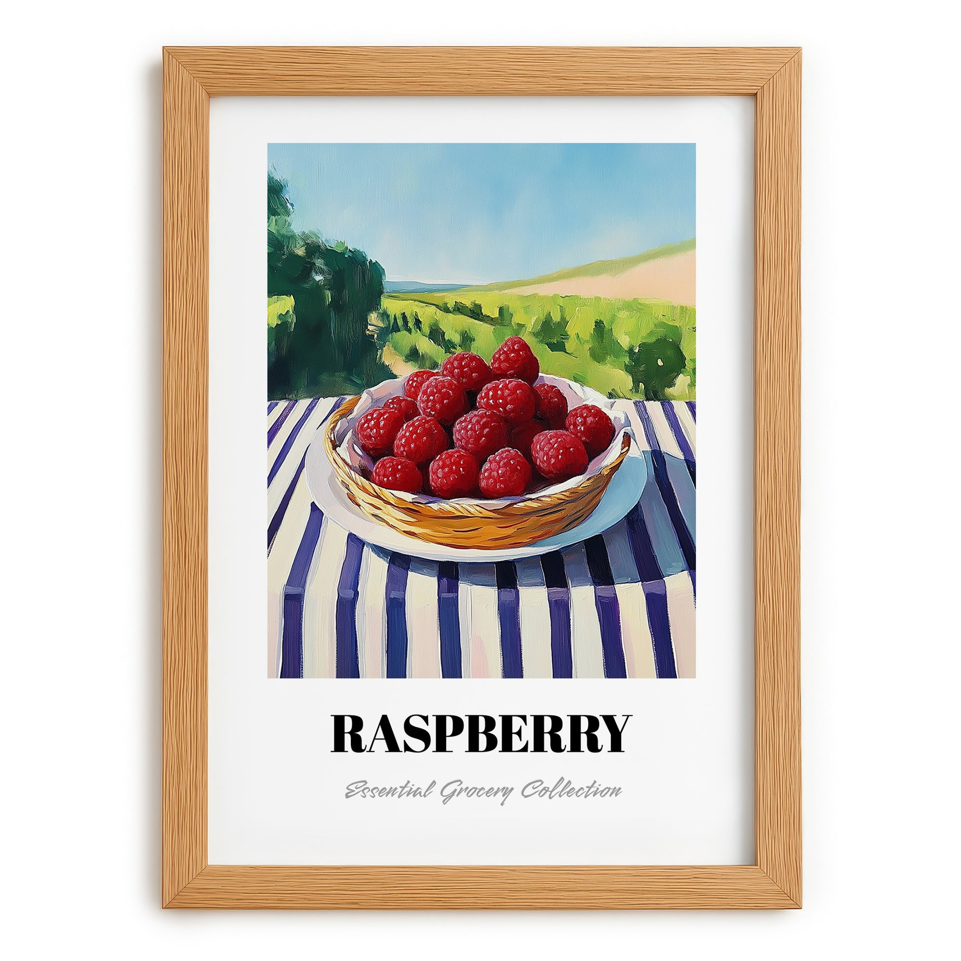 Raspberry – Valley Café Scene, Berries Wall Decor, set in oak frame