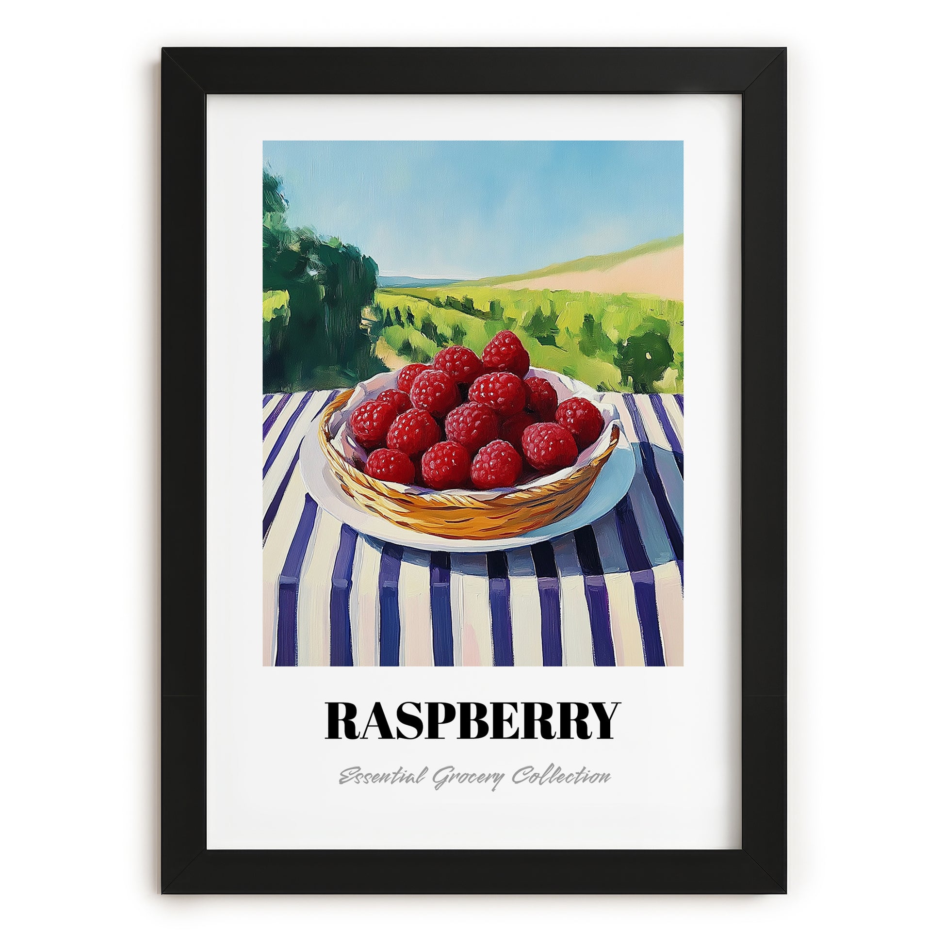Raspberry – Valley Café Scene, Berries Wall Decor, in sleek black frame