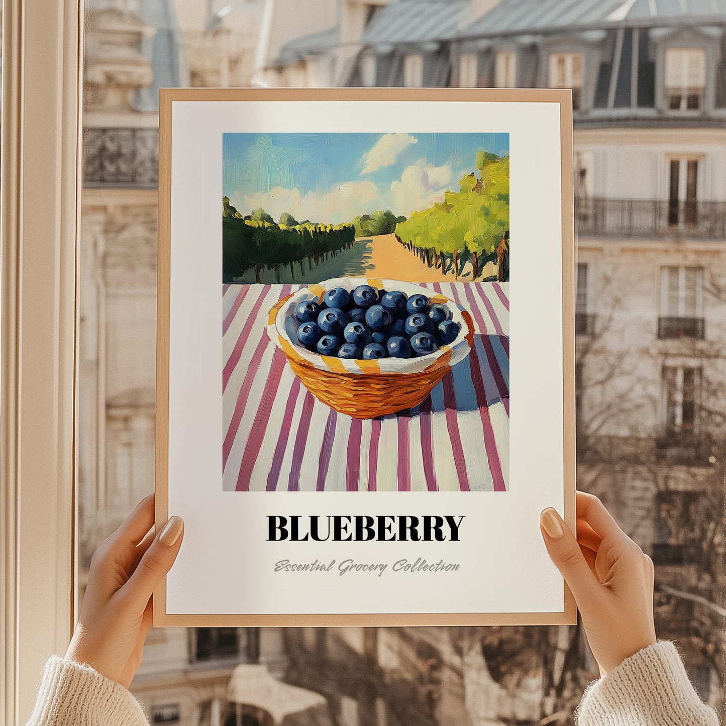 Blueberry – Green Valley Landscape, Berries Painting, styled in a charming Paris street view