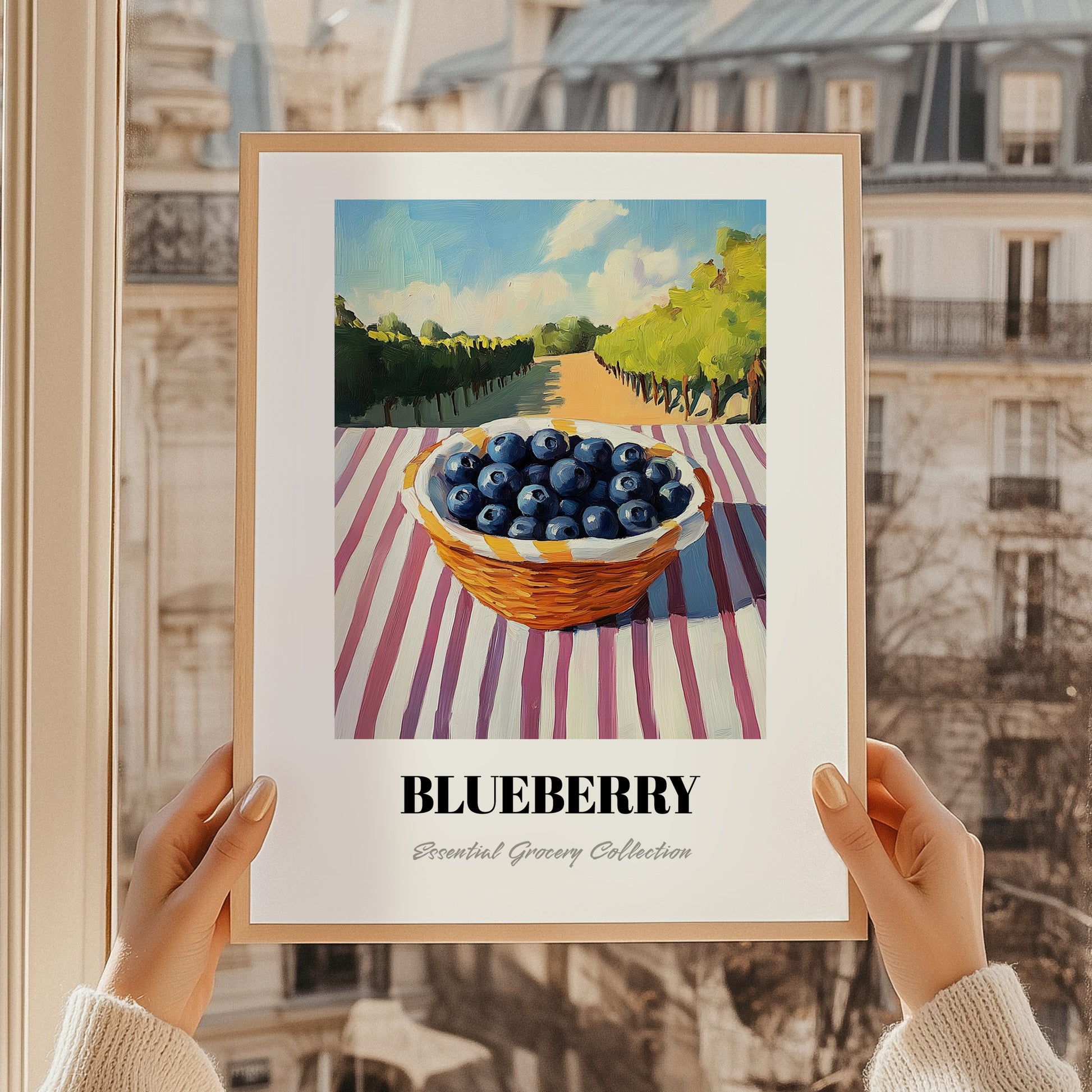 Blueberry – Green Valley Landscape, Berries Painting, styled in a charming Paris street view
