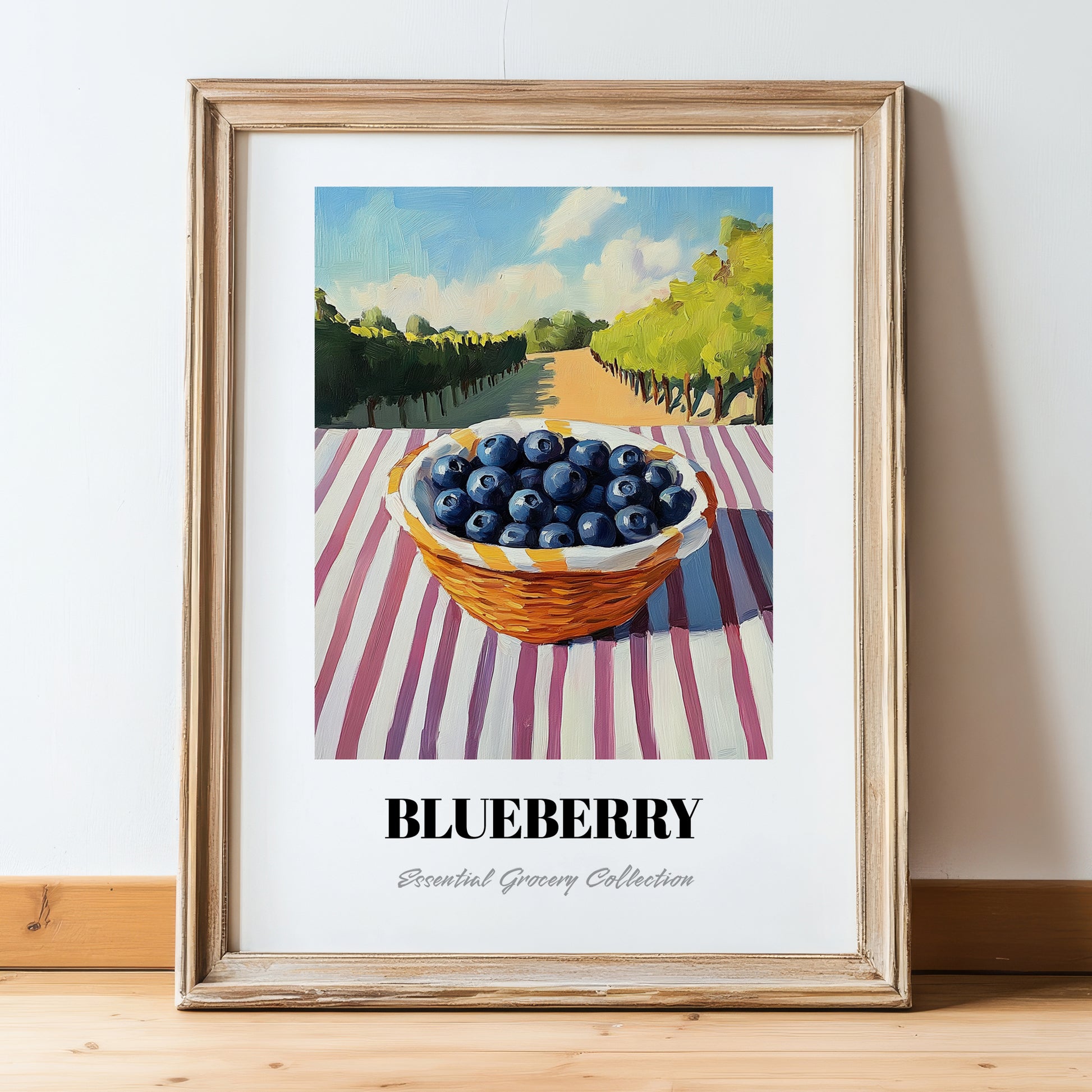 Blueberry – Green Valley Landscape, Berries Painting, in wooden frame leaning on the floor