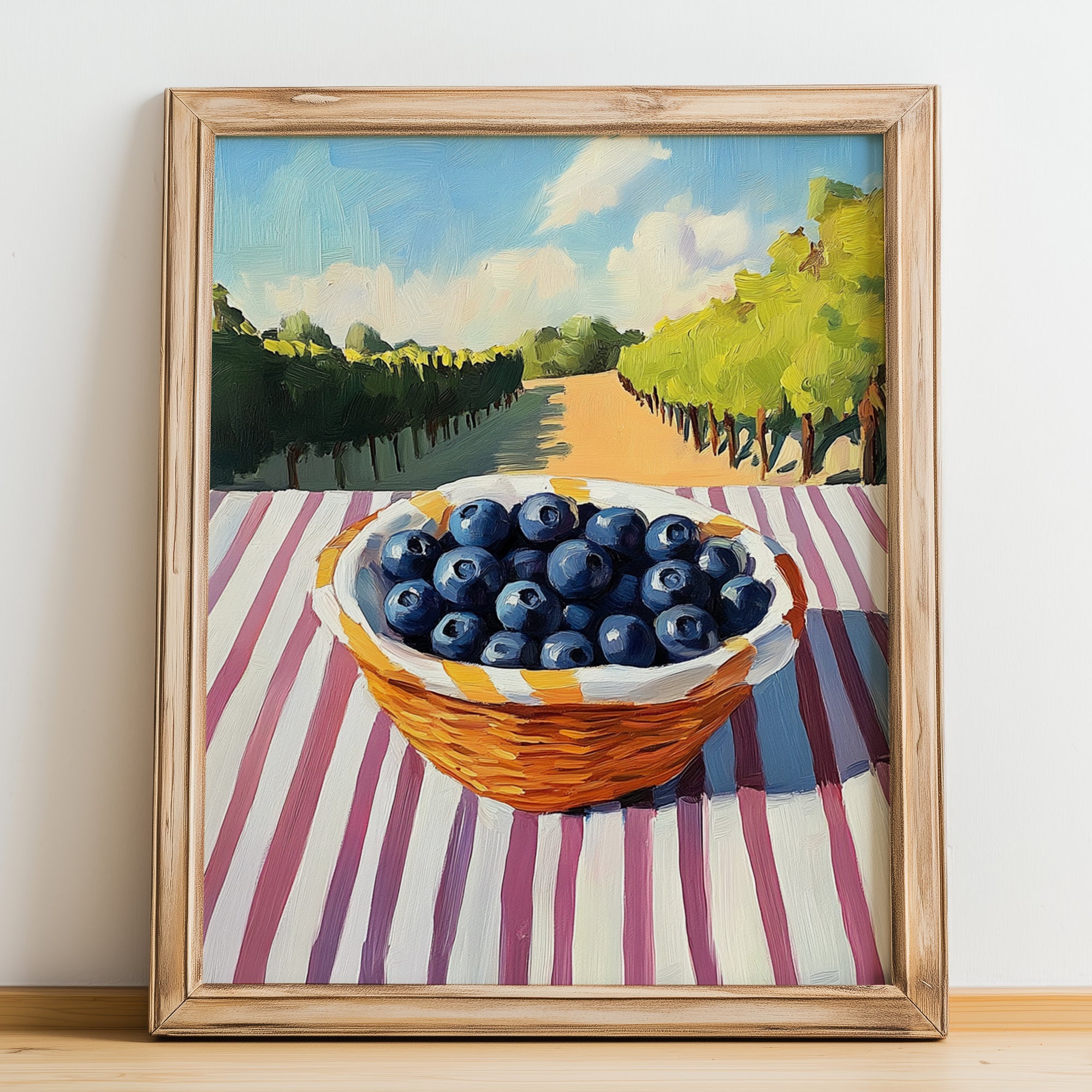 Blueberry – Green Valley Landscape, Berries Painting, no-text version framed in wood