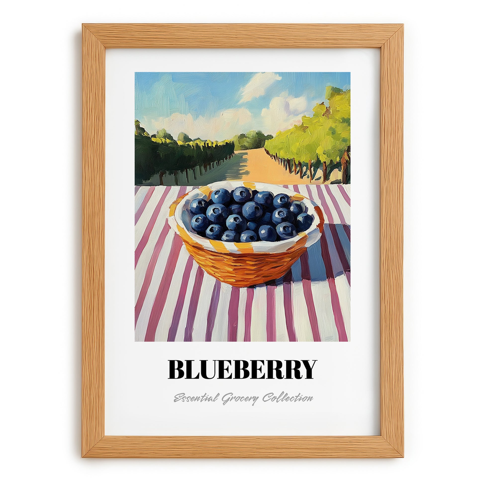 Blueberry – Green Valley Landscape, Berries Painting, set in oak frame