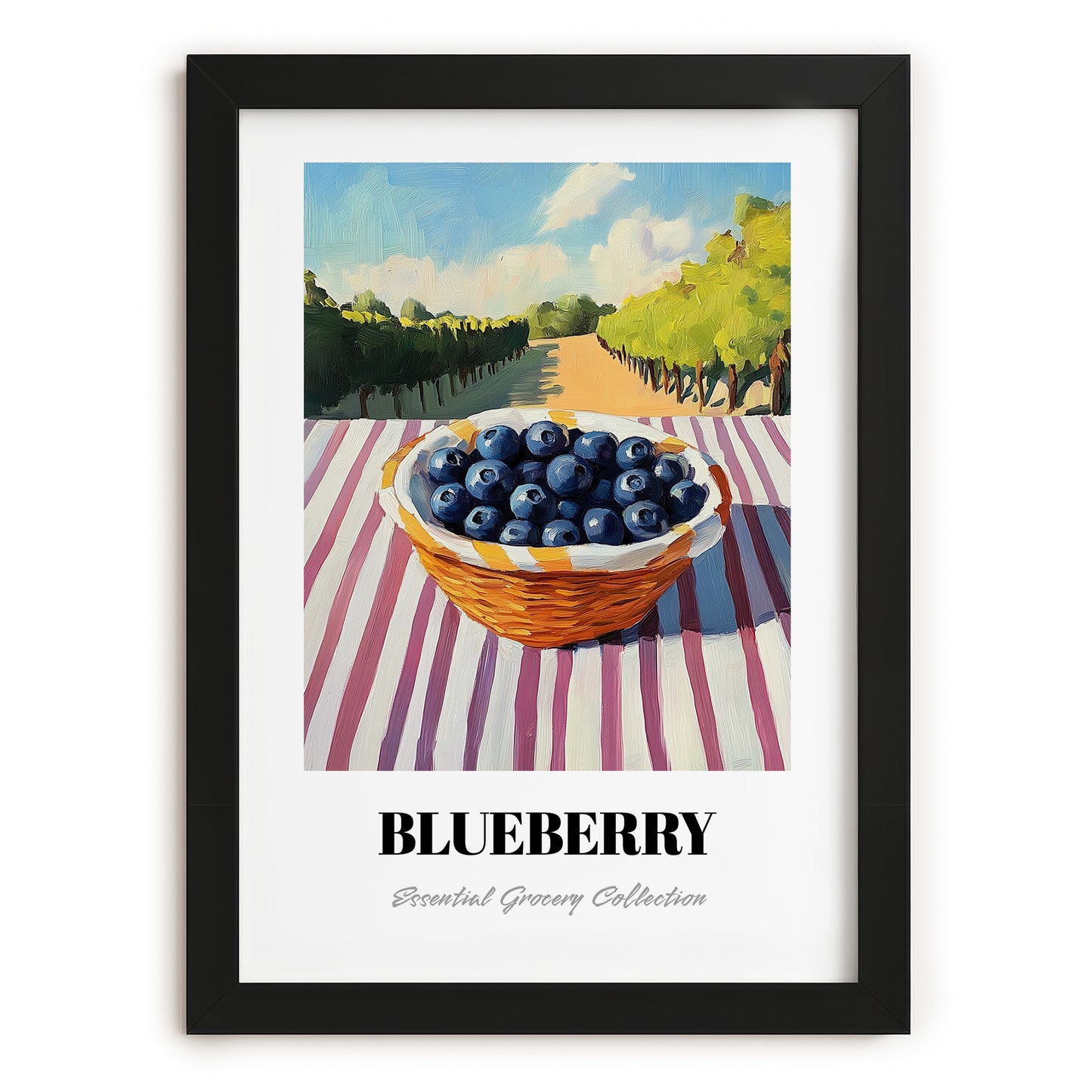 Blueberry – Green Valley Landscape, Berries Painting, in sleek black frame