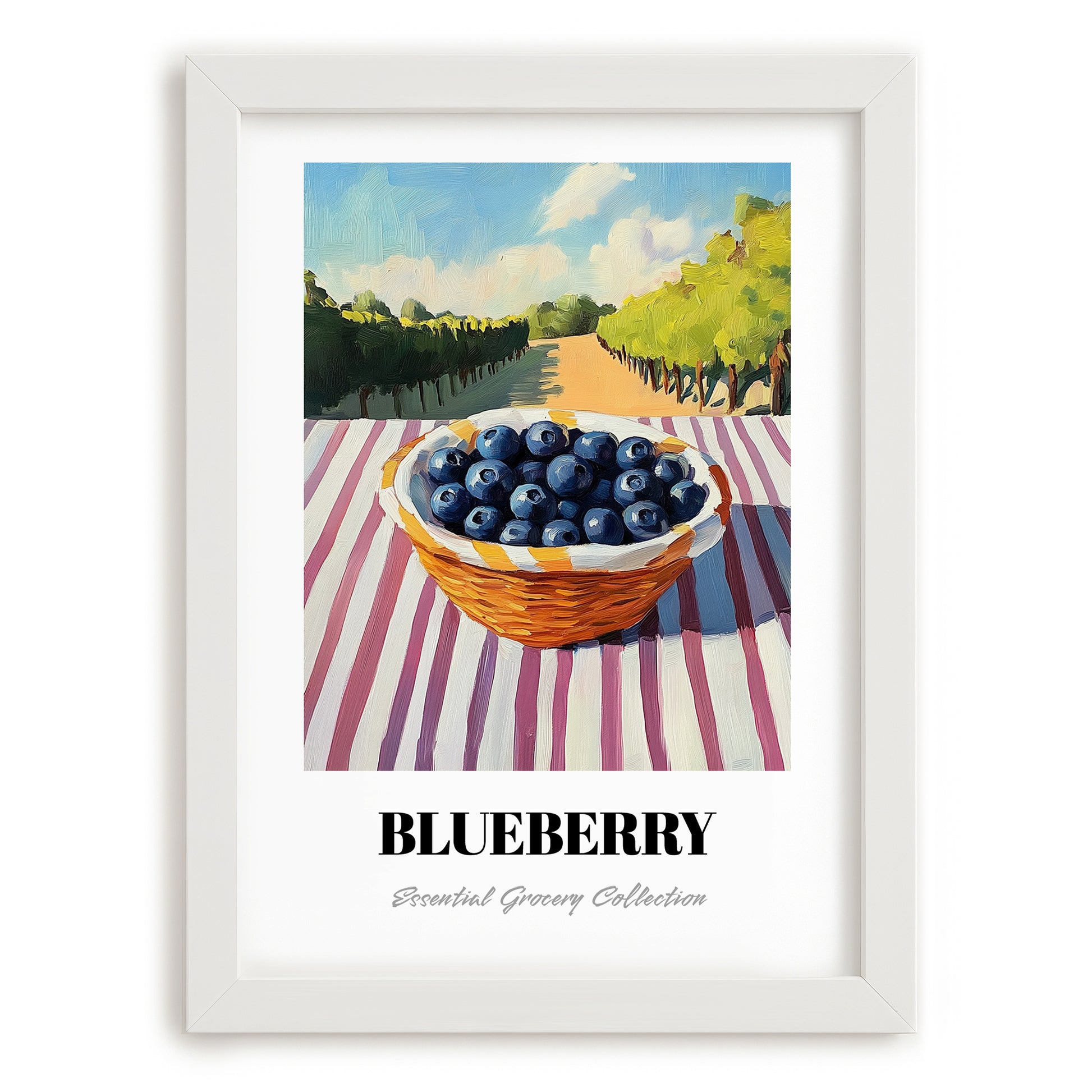 Blueberry – Green Valley Landscape, Berries Painting, placed in minimal white frame