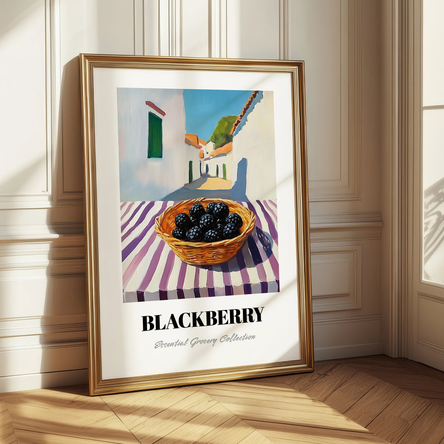 Blackberry – White village Street Café Scene, Berries Print