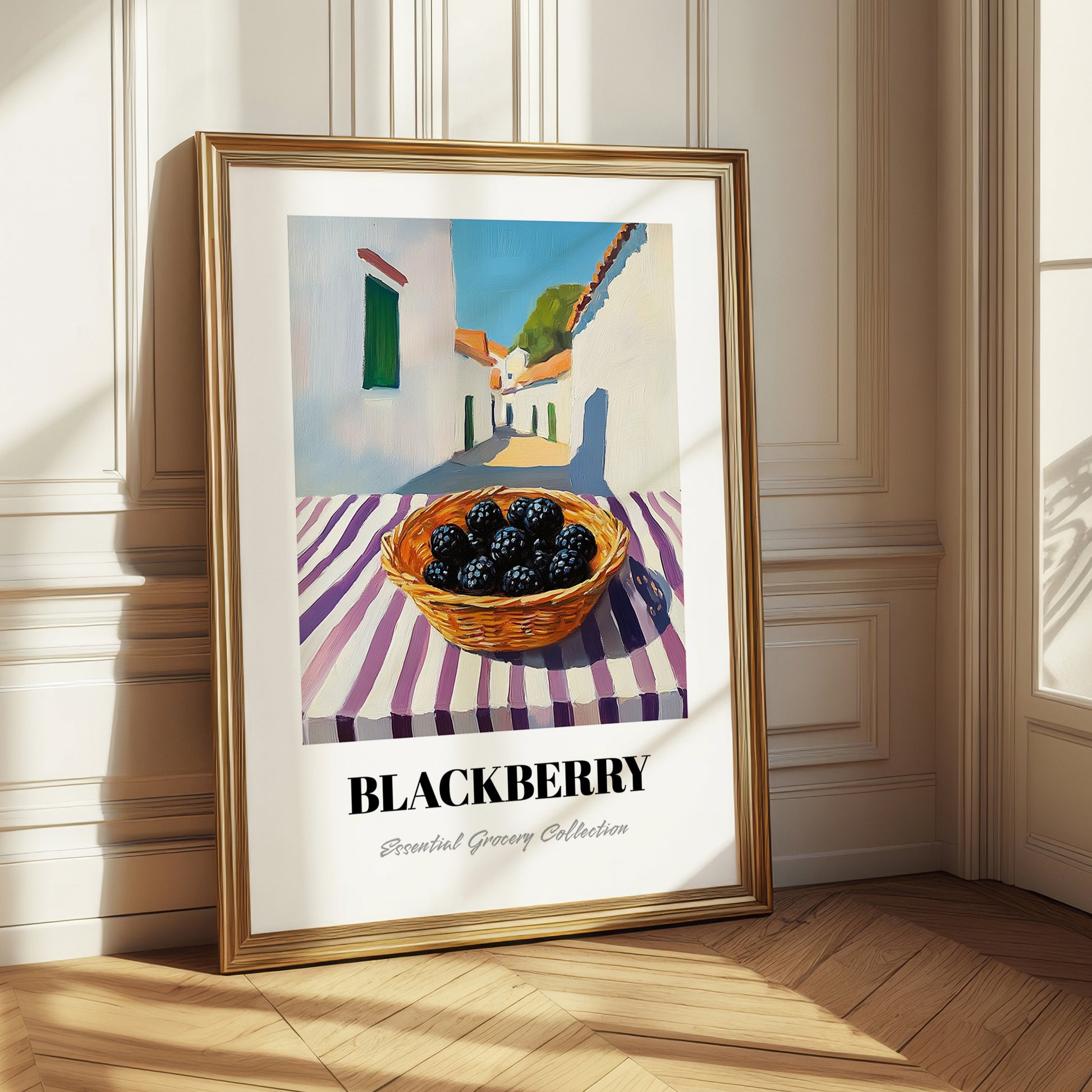 Blackberry – White village Street Café Scene, Berries Print