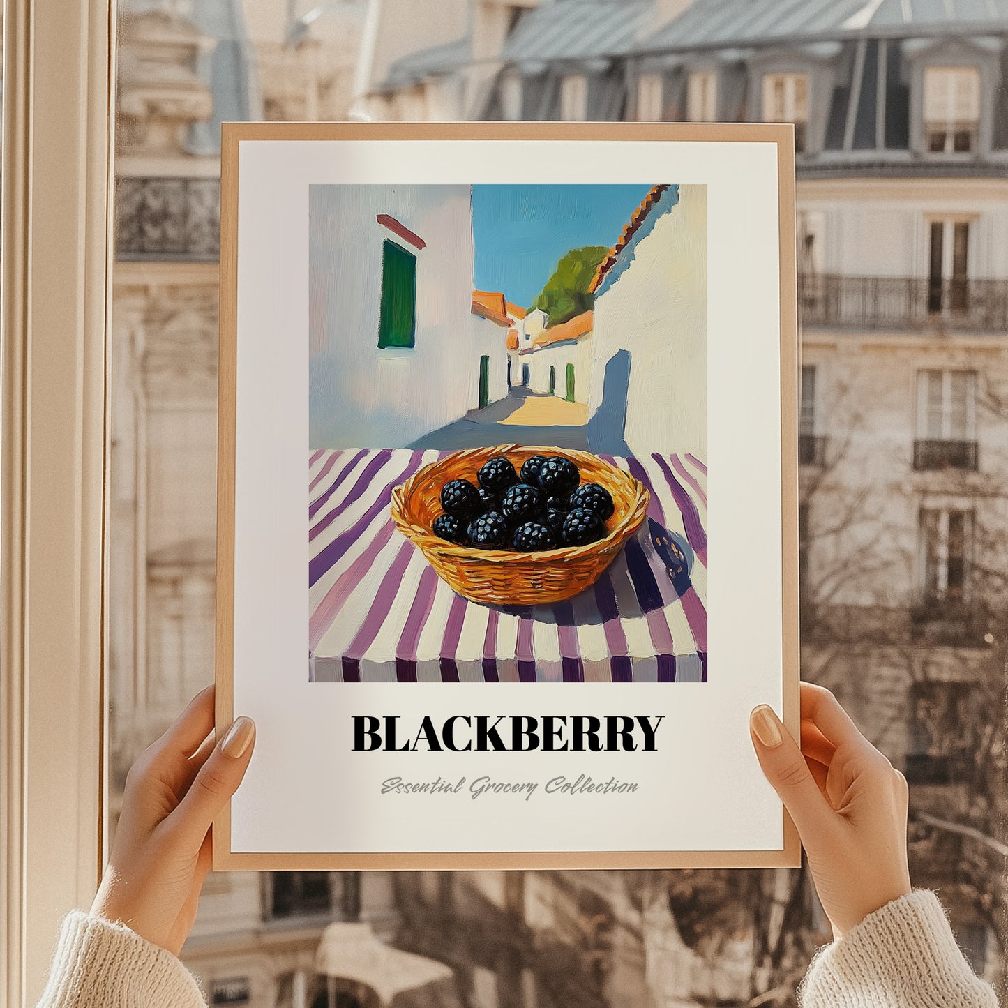 Blackberry – White village Street Café Scene, Berries Print, styled in a charming Paris street view