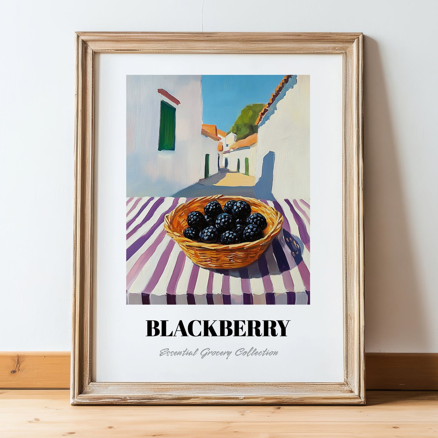 Blackberry – White village Street Café Scene, Berries Print, in wooden frame leaning on the floor