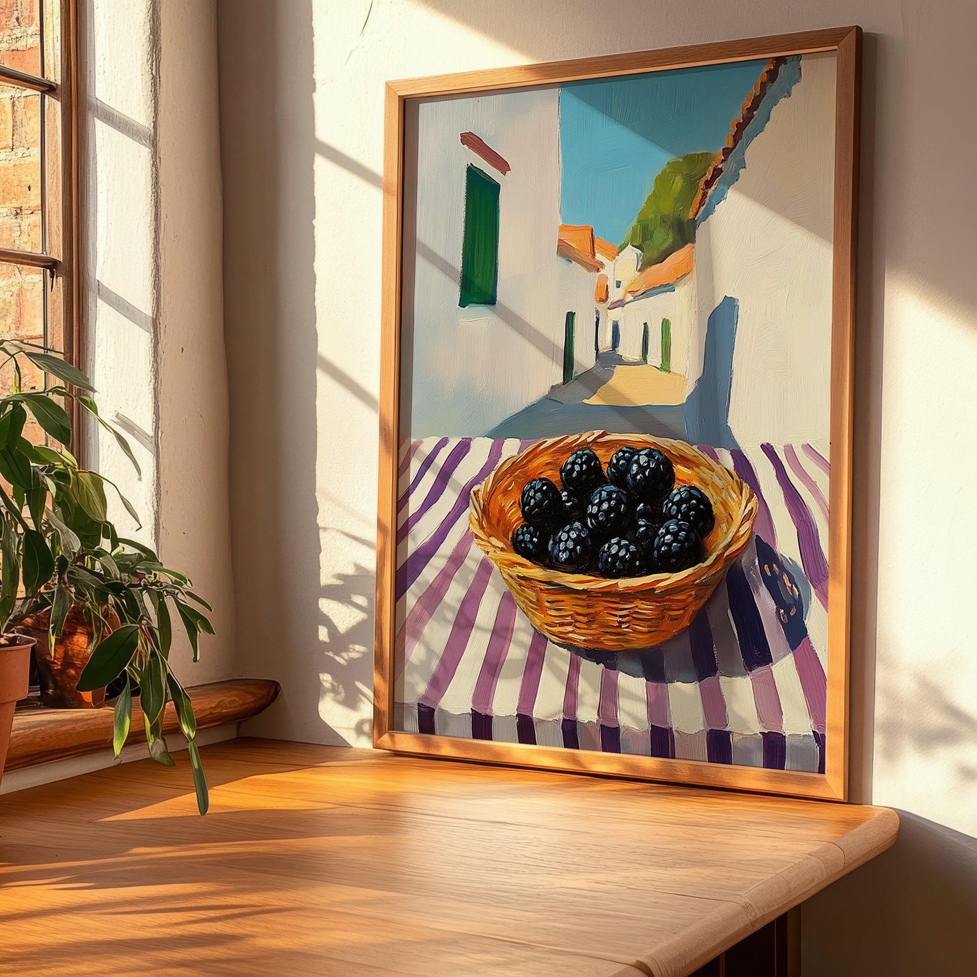 Blackberry – White village Street Café Scene, Berries Print, clean layout with no caption