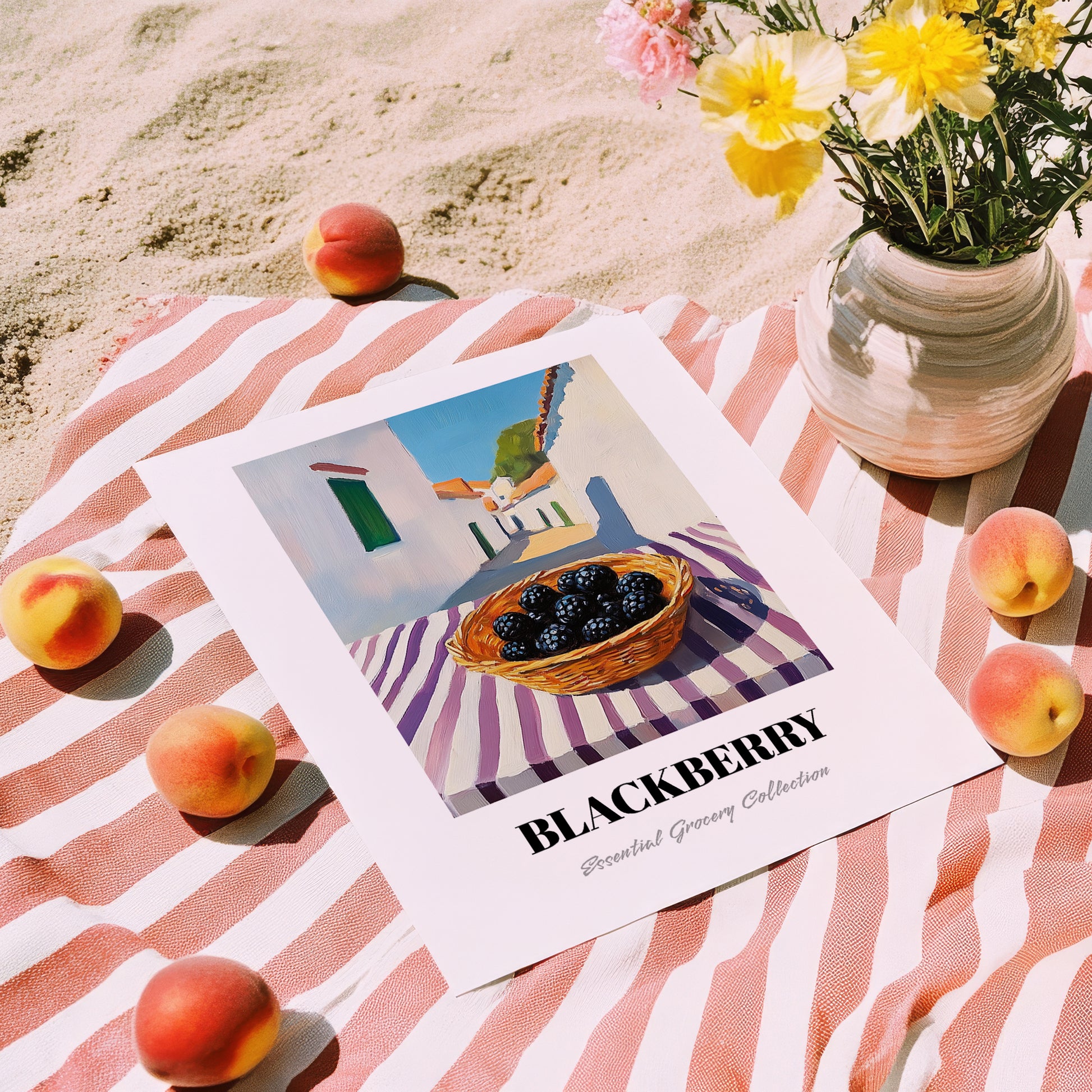 Blackberry – White village Street Café Scene, Berries Print, unframed on coastal sand