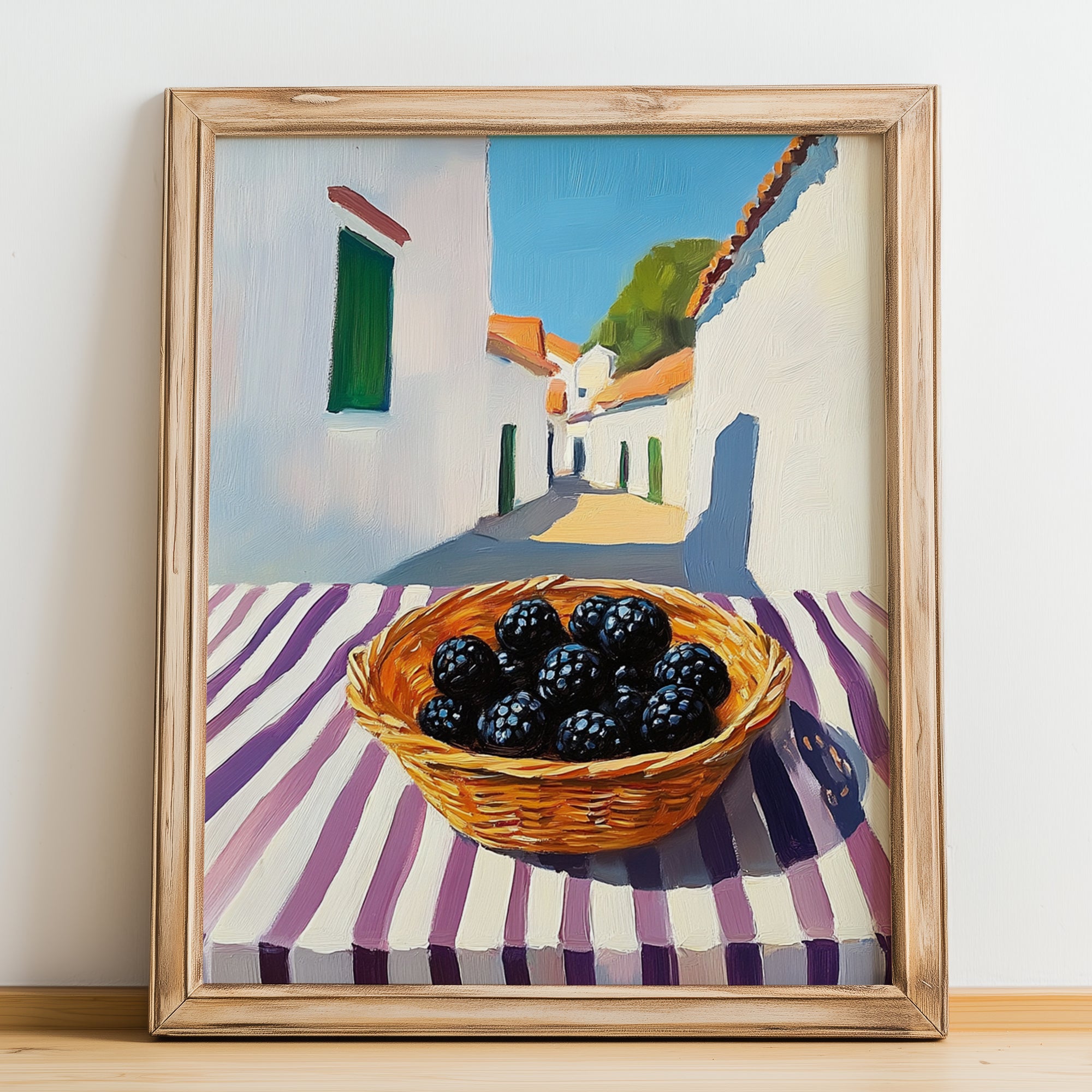 Blackberry – White village Street Café Scene, Berries Print, no-text version framed in wood