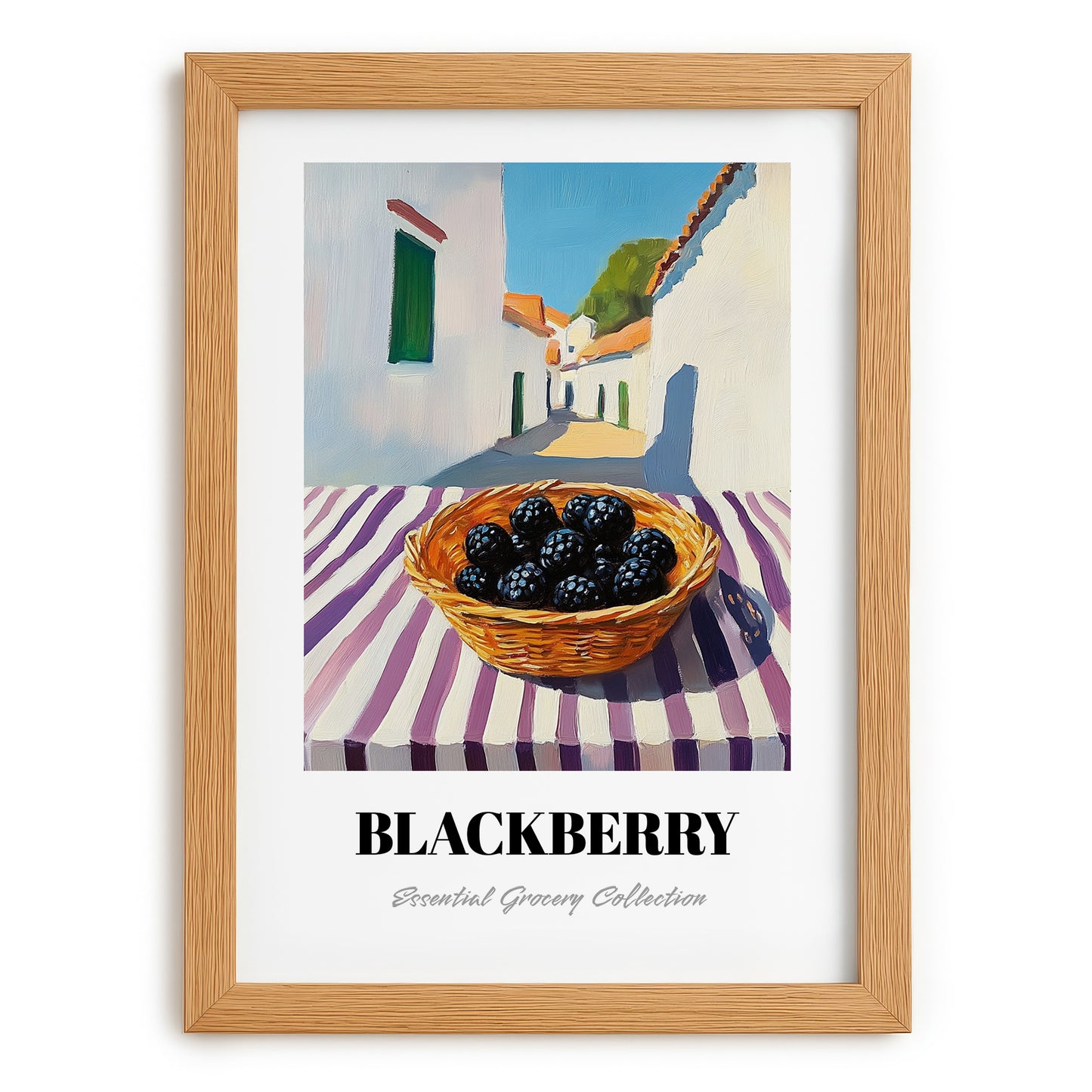 Blackberry – White village Street Café Scene, Berries Print, set in oak frame