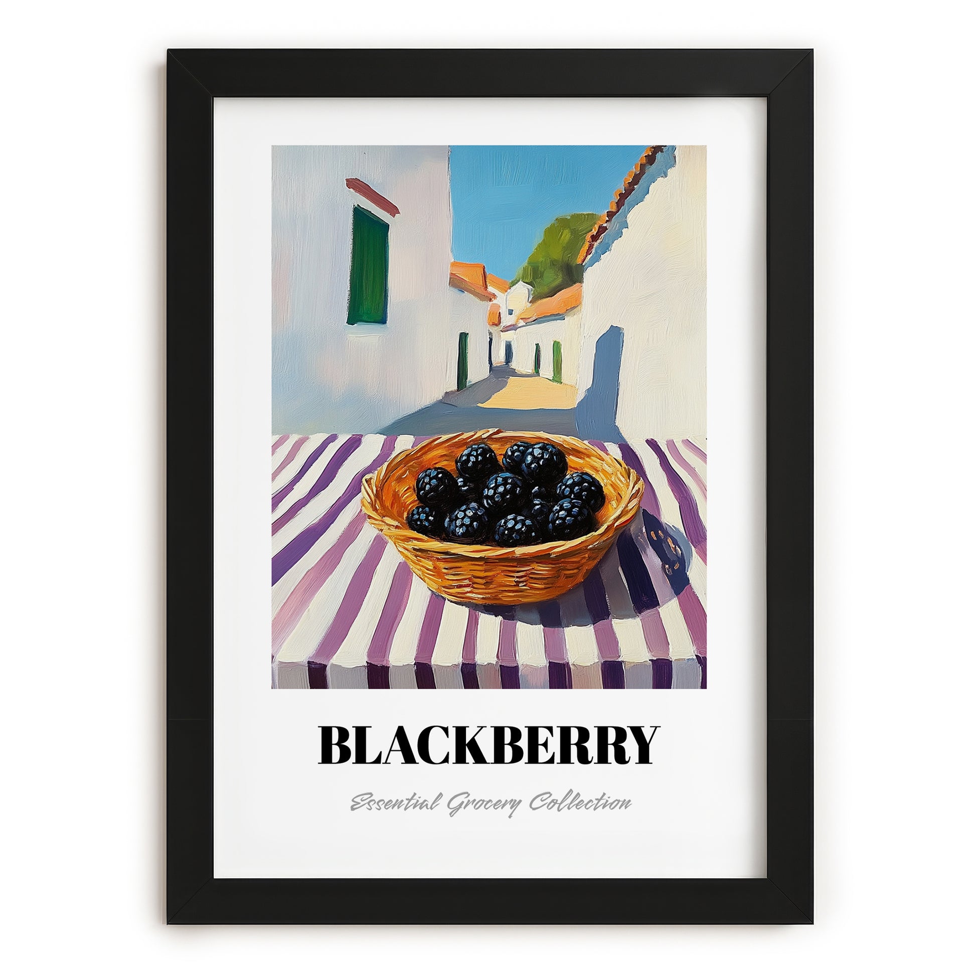 Blackberry – White village Street Café Scene, Berries Print, in sleek black frame