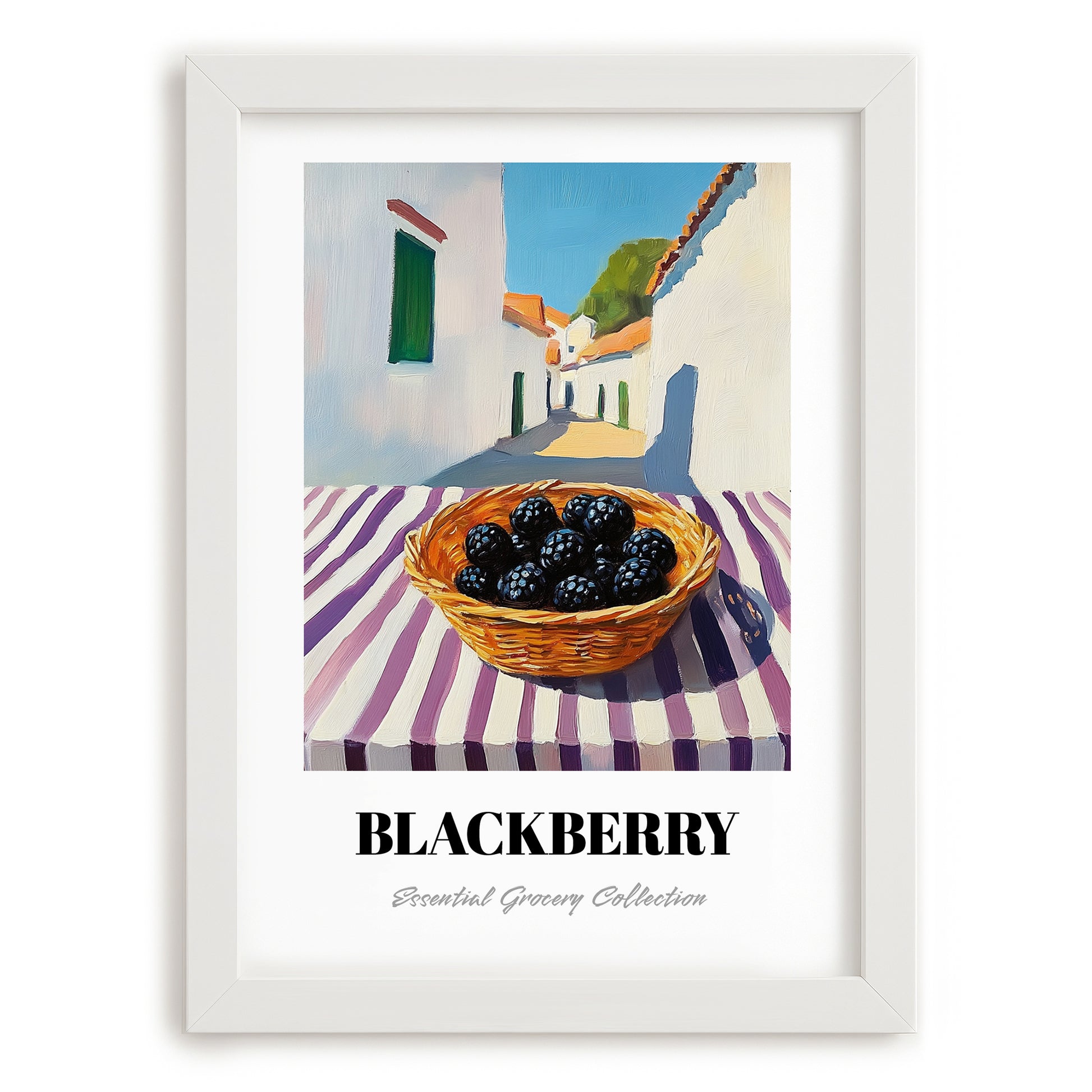 Blackberry – White village Street Café Scene, Berries Print, placed in minimal white frame