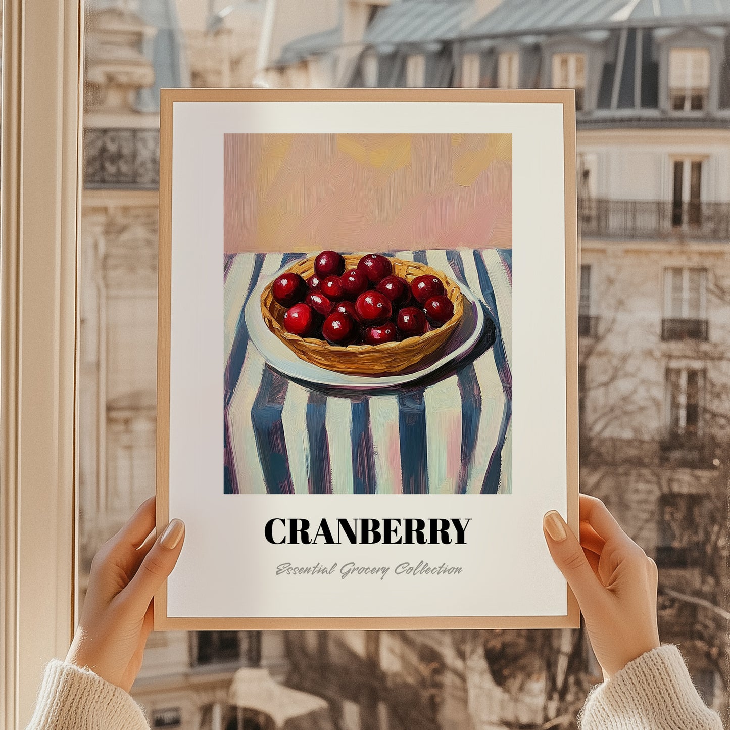 Cranberry – on Striped Tablecloth, Berries Poster, styled in a charming Paris street view