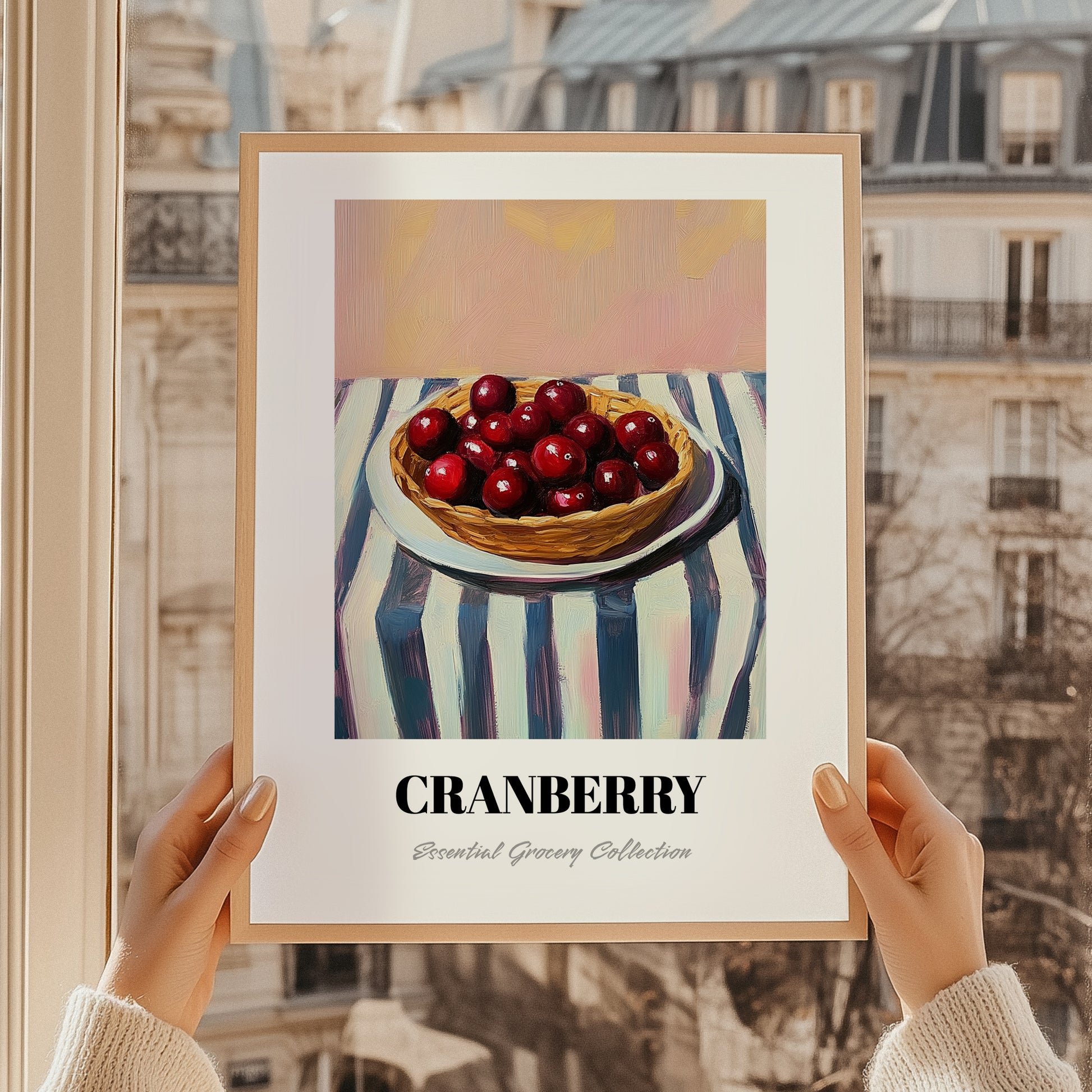 Cranberry – on Striped Tablecloth, Berries Poster, styled in a charming Paris street view