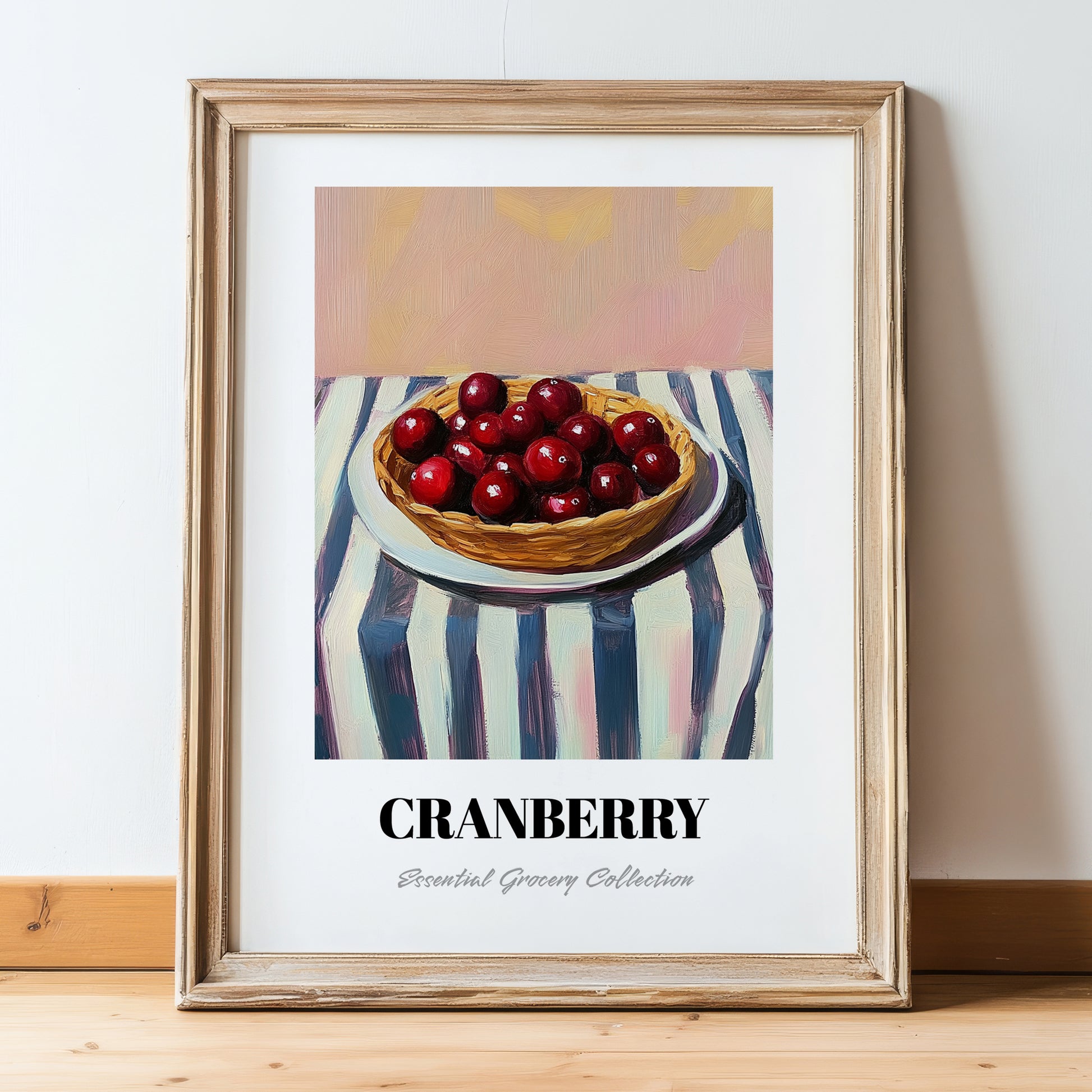 Cranberry – on Striped Tablecloth, Berries Poster, in wooden frame leaning on the floor