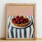 Cranberry – on Striped Tablecloth, Berries Poster, no-text version framed in wood