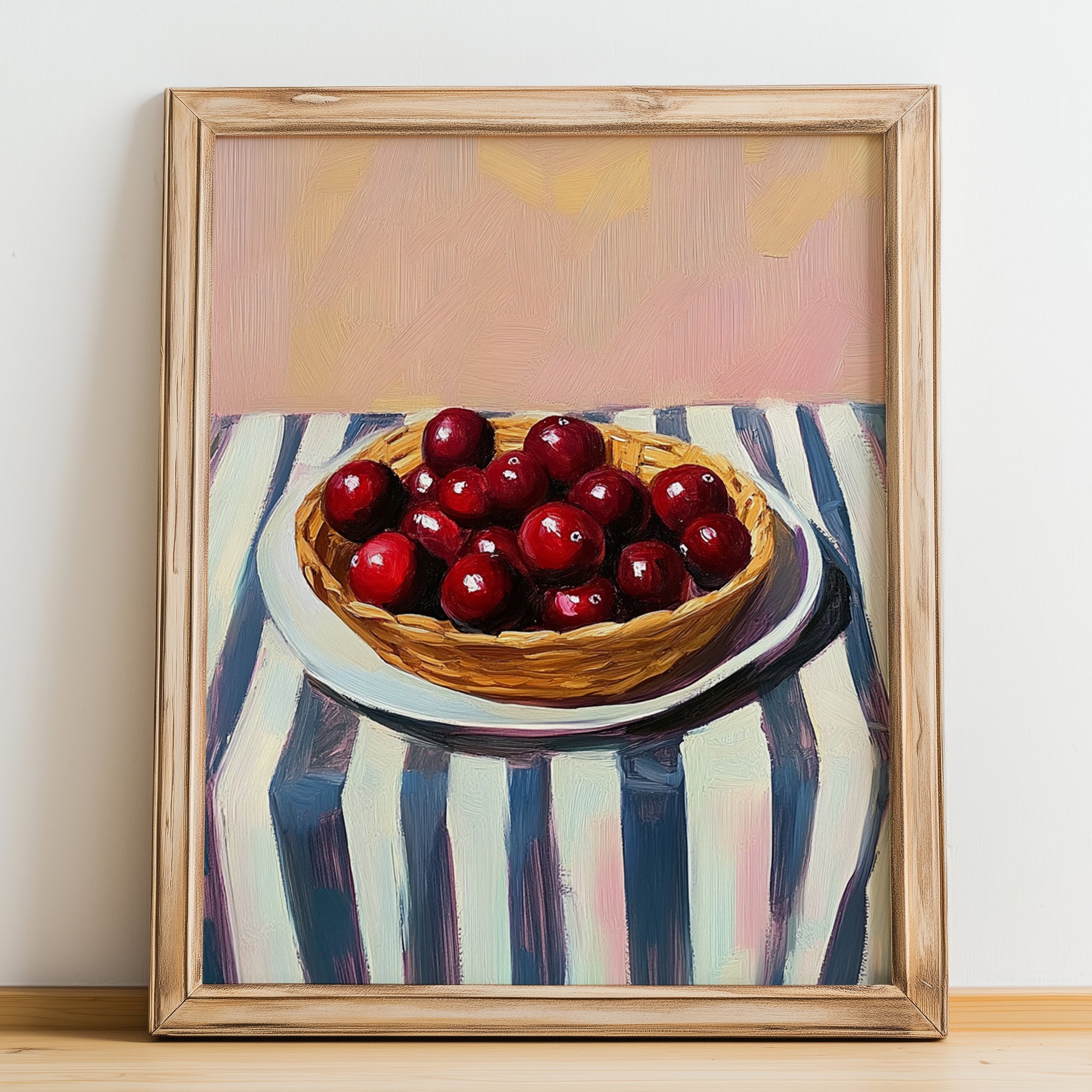 Cranberry – on Striped Tablecloth, Berries Poster, no-text version framed in wood