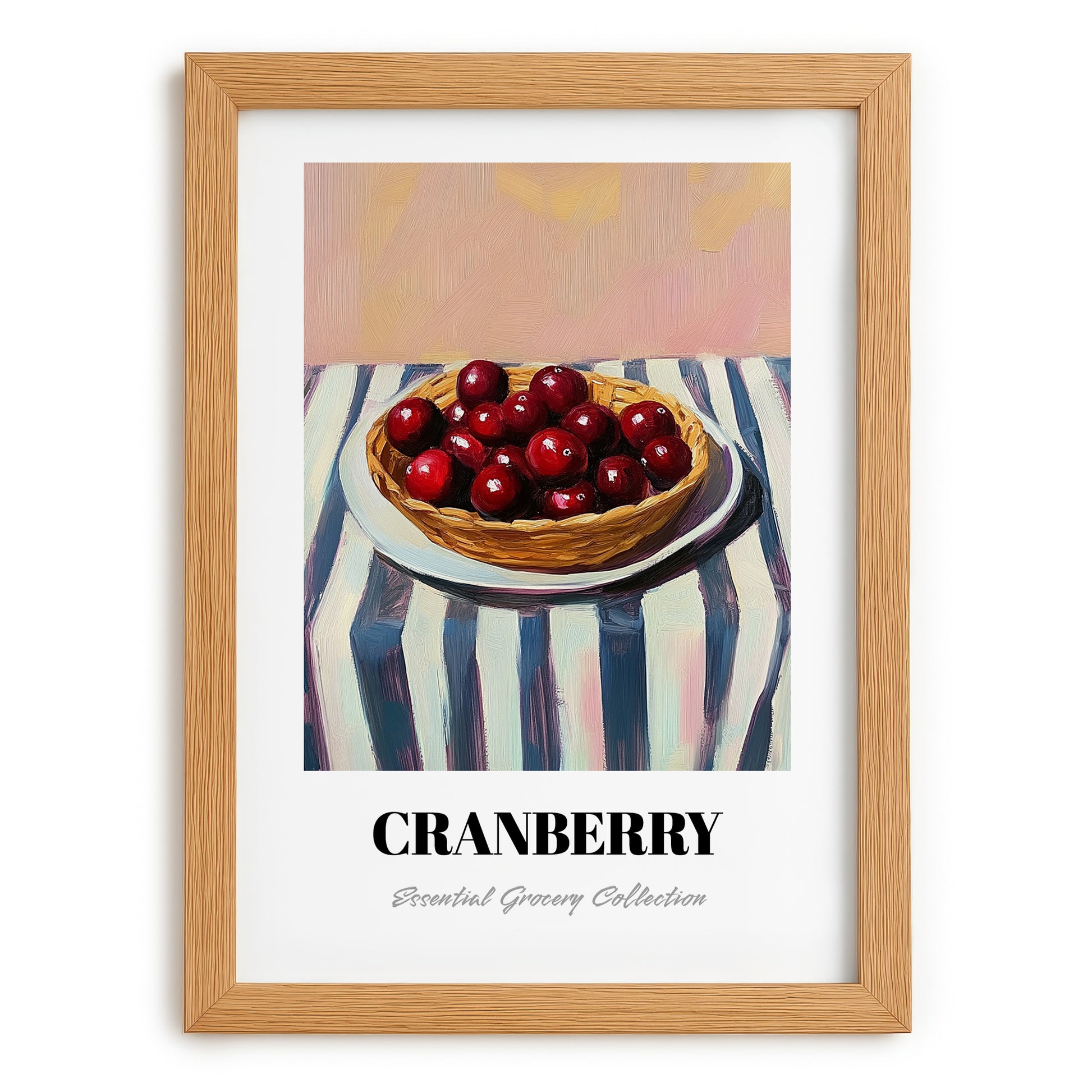 Cranberry – on Striped Tablecloth, Berries Poster, set in oak frame