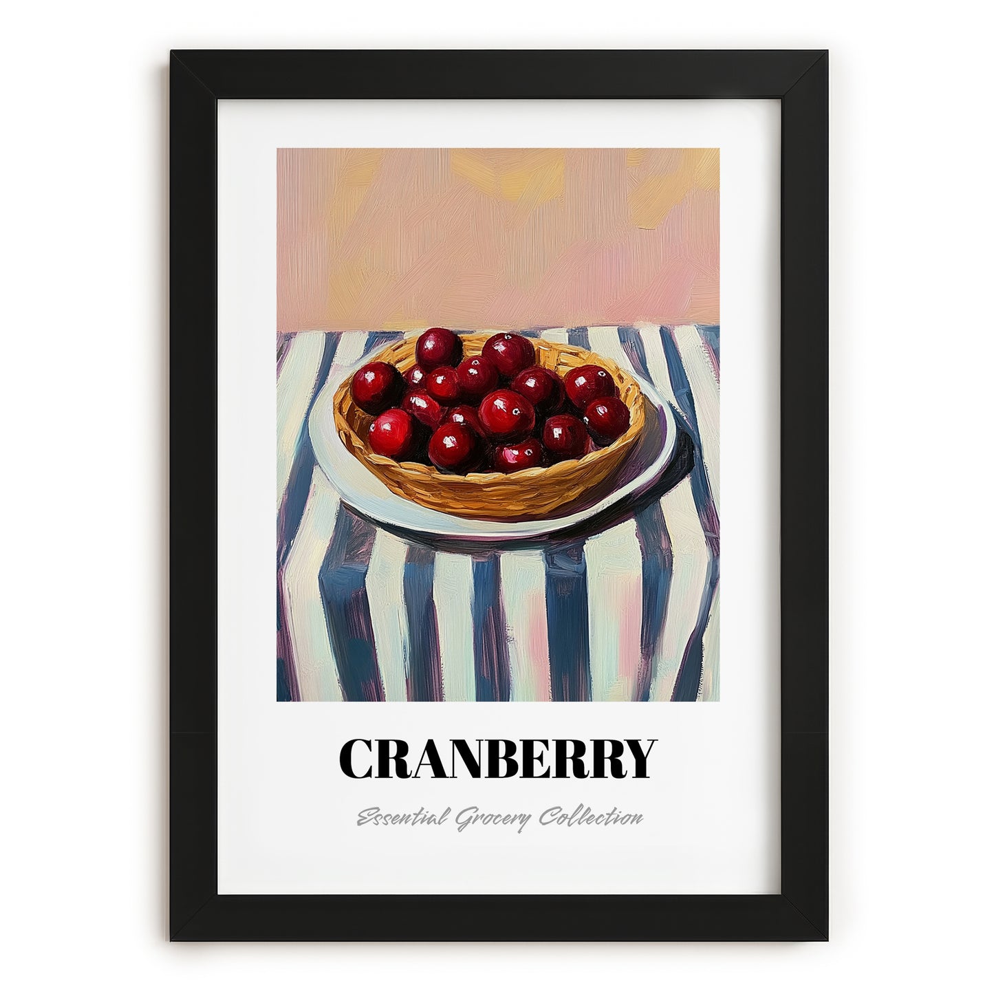 Cranberry – on Striped Tablecloth, Berries Poster, in sleek black frame