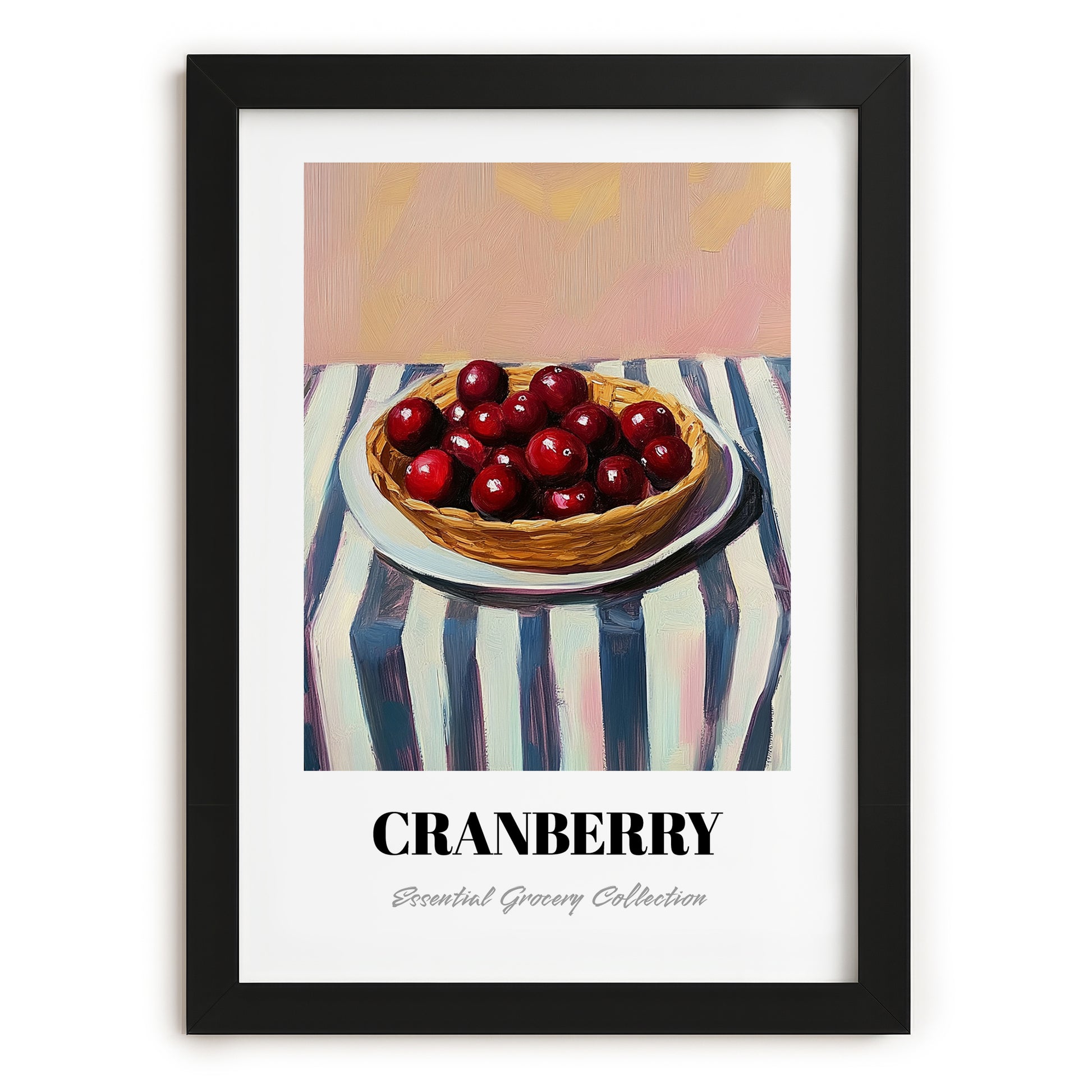 Cranberry – on Striped Tablecloth, Berries Poster, in sleek black frame