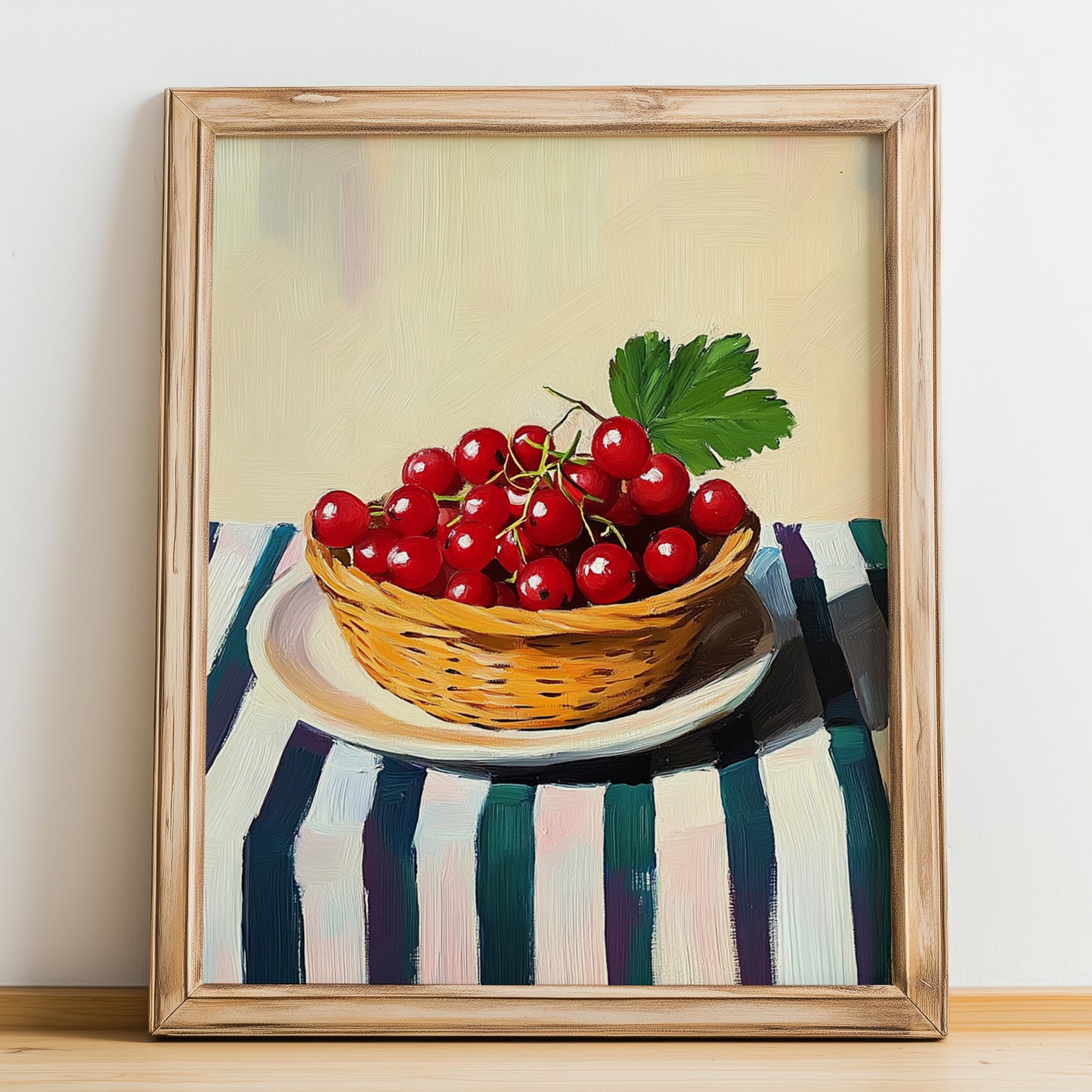Redcurrant – on Striped Tablecloth, Berries Wall Art, no-text version framed in wood