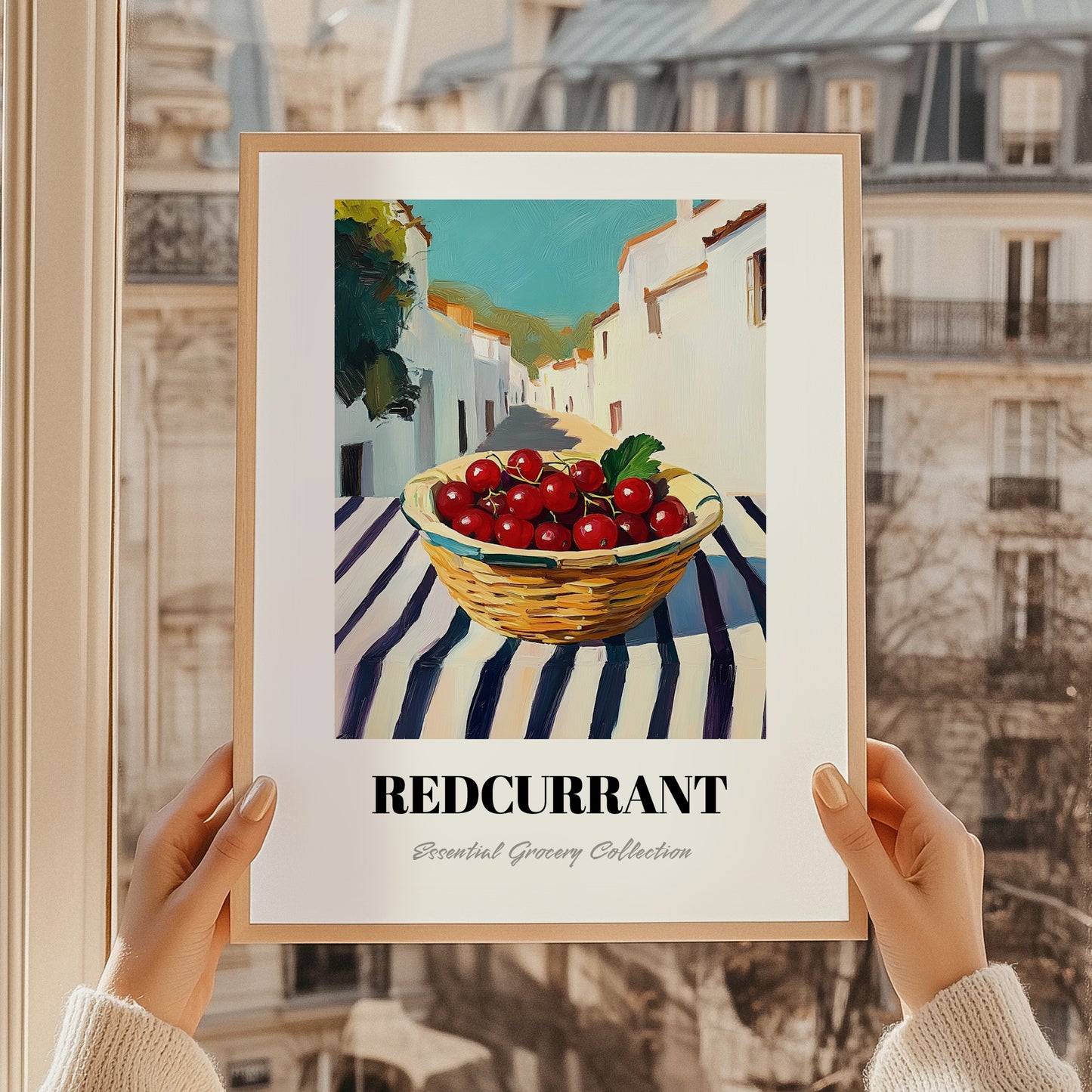 Redcurrant – White village Street Café Scene, Berries Still Life, styled in a charming Paris street view