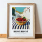 Redcurrant – White village Street Café Scene, Berries Still Life, in wooden frame leaning on the floor