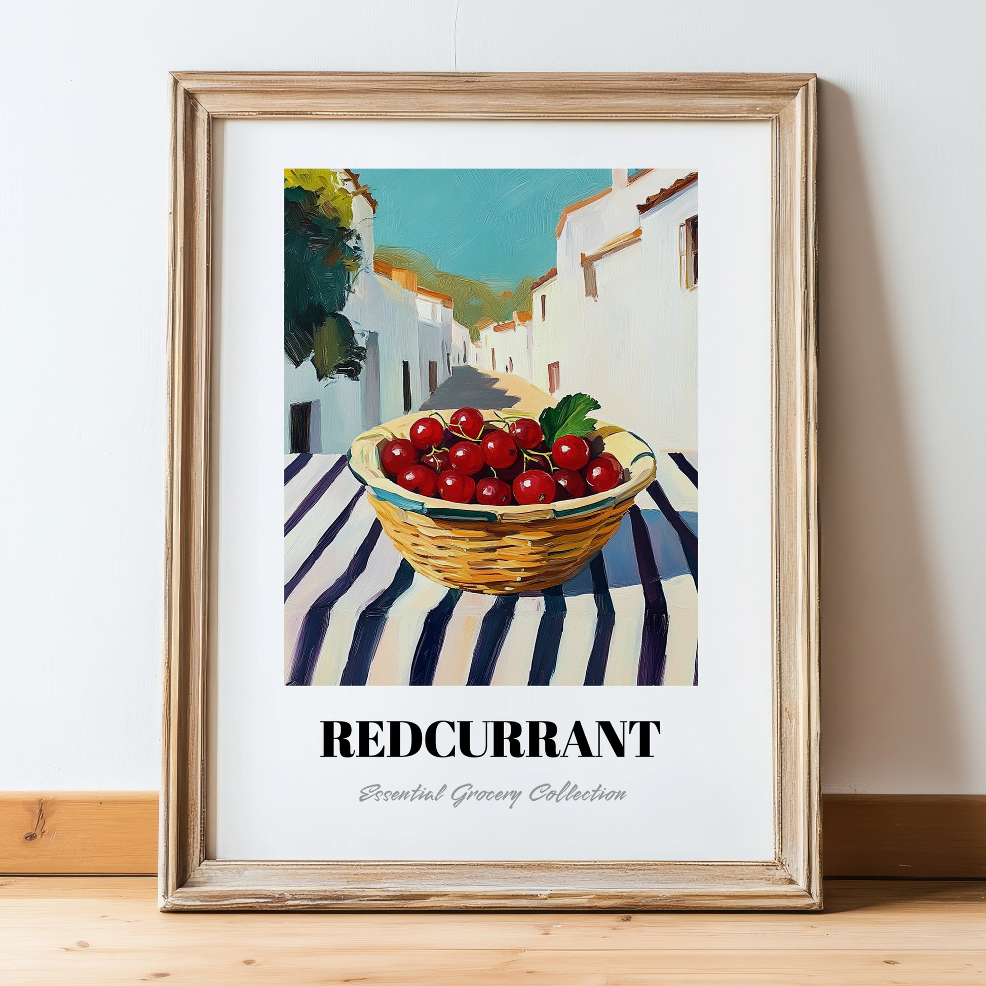 Redcurrant – White village Street Café Scene, Berries Still Life, in wooden frame leaning on the floor