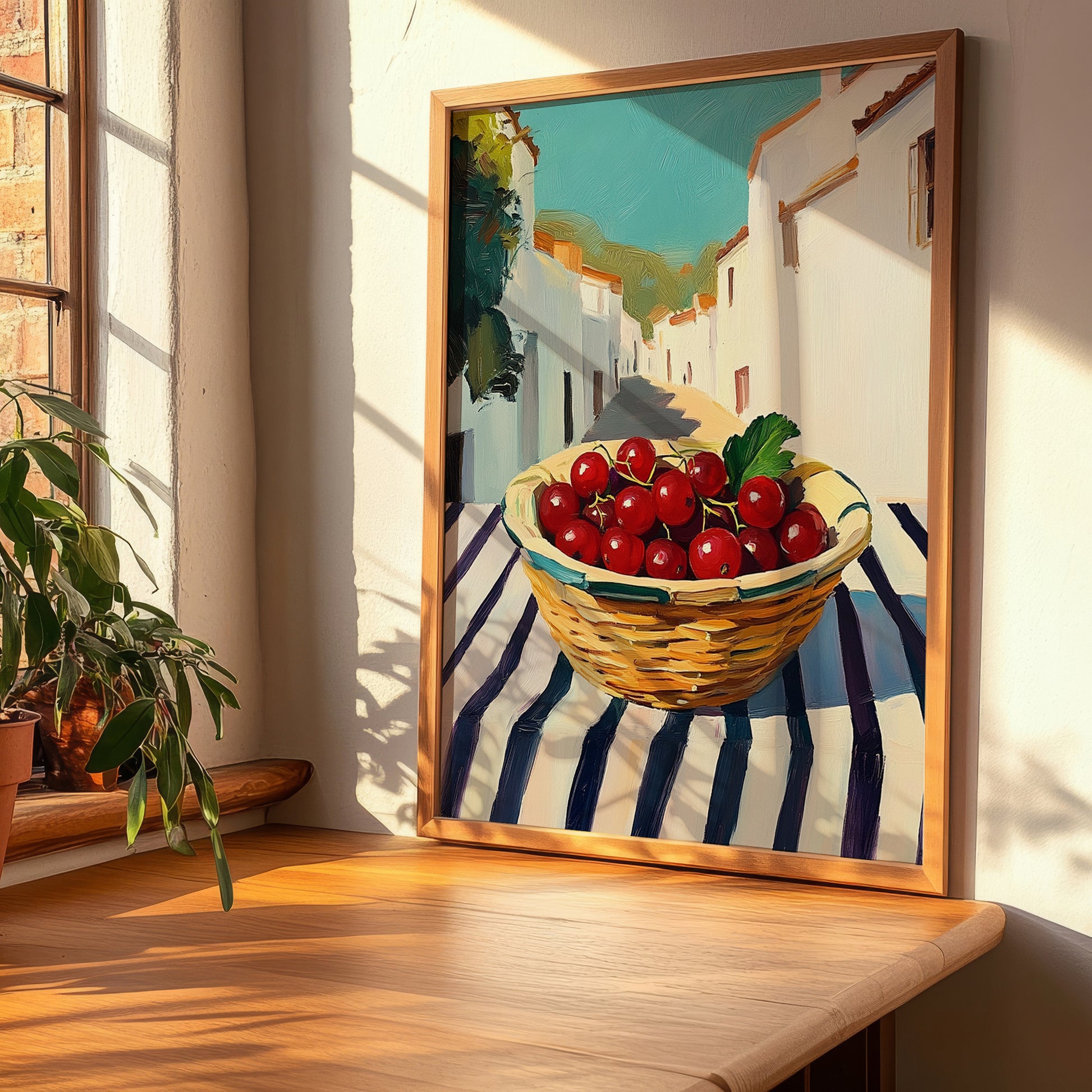 Redcurrant – White village Street Café Scene, Berries Still Life, clean layout with no caption