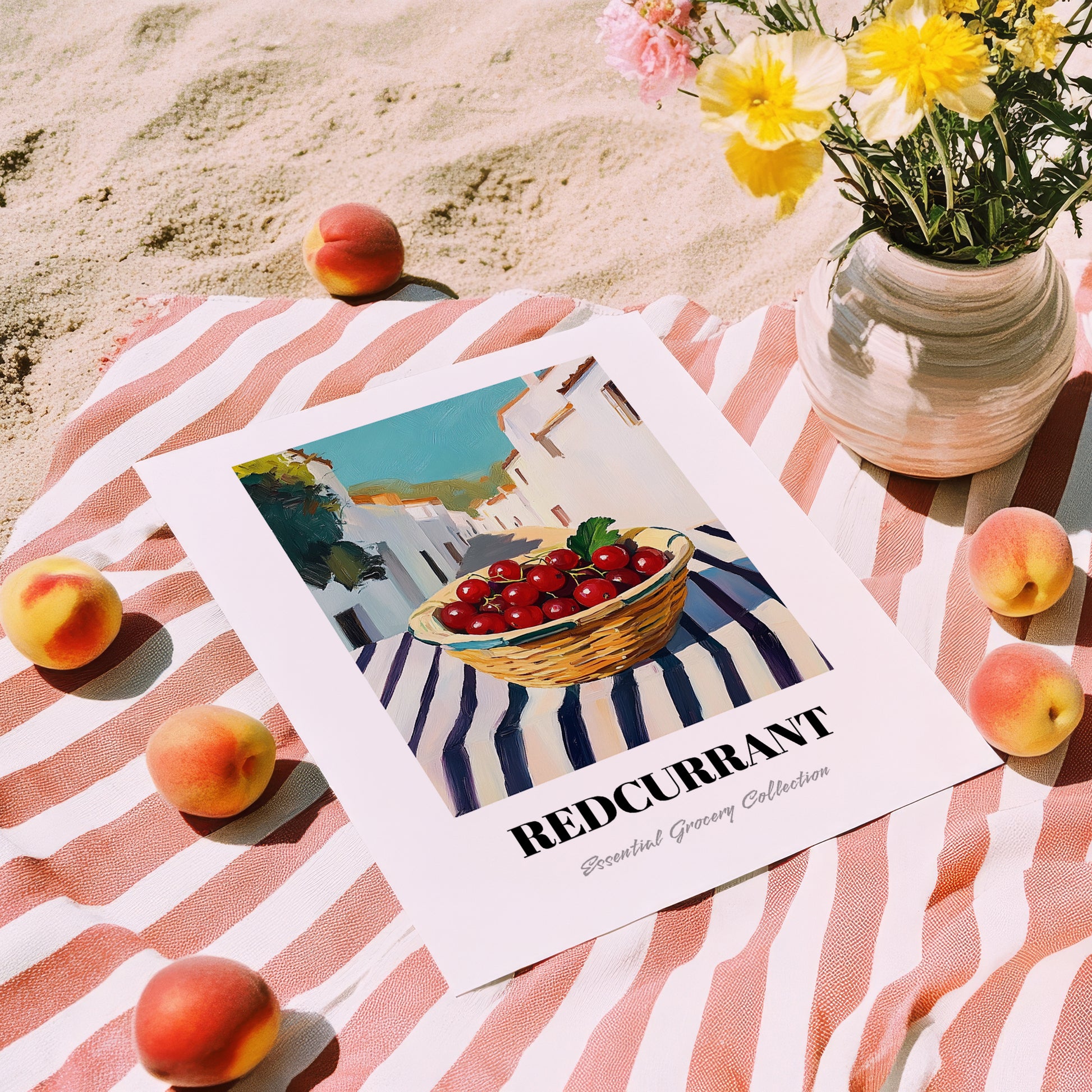 Redcurrant – White village Street Café Scene, Berries Still Life, unframed on coastal sand