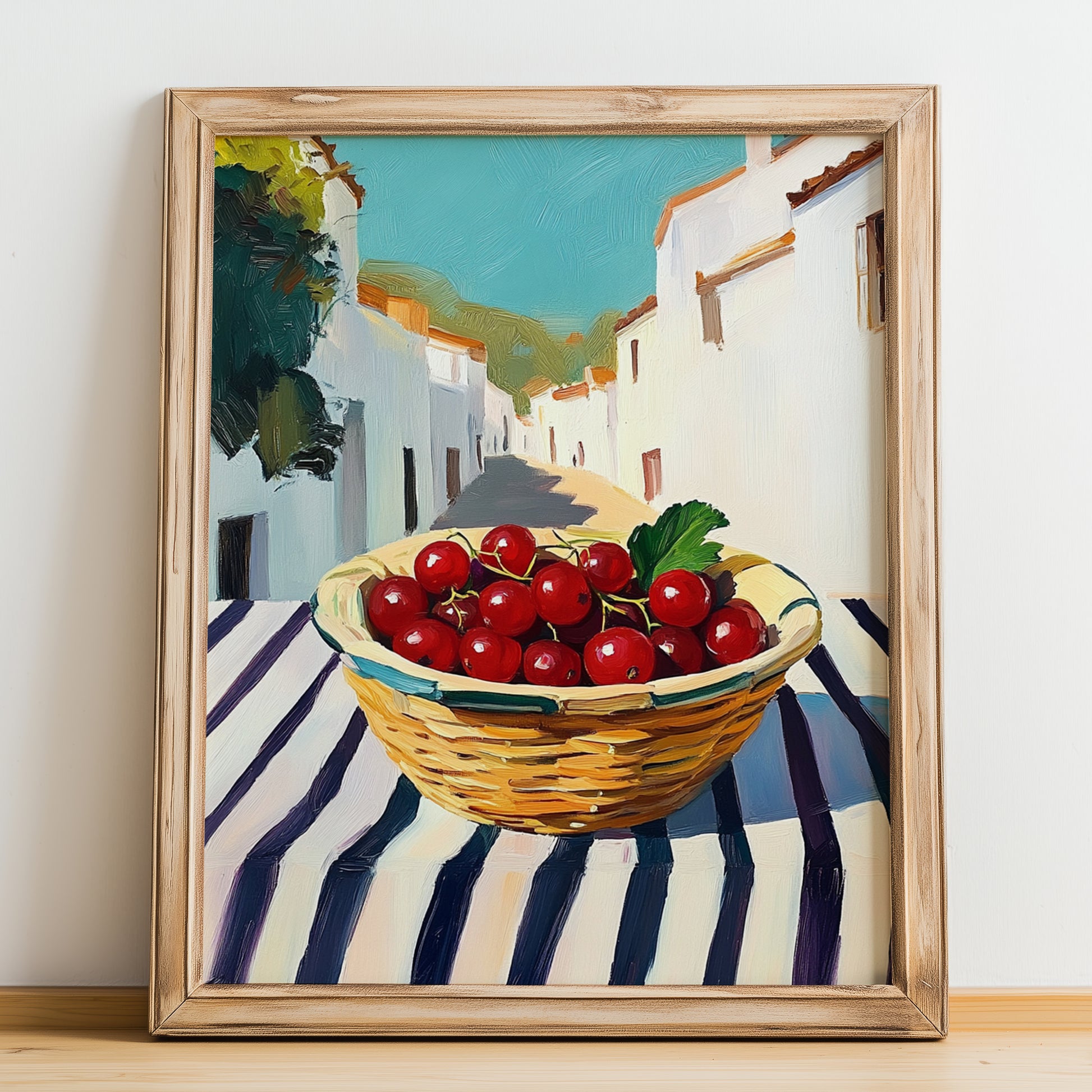 Redcurrant – White village Street Café Scene, Berries Still Life, no-text version framed in wood