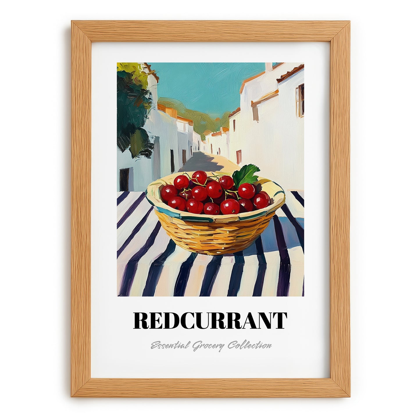 Redcurrant – White village Street Café Scene, Berries Still Life, set in oak frame