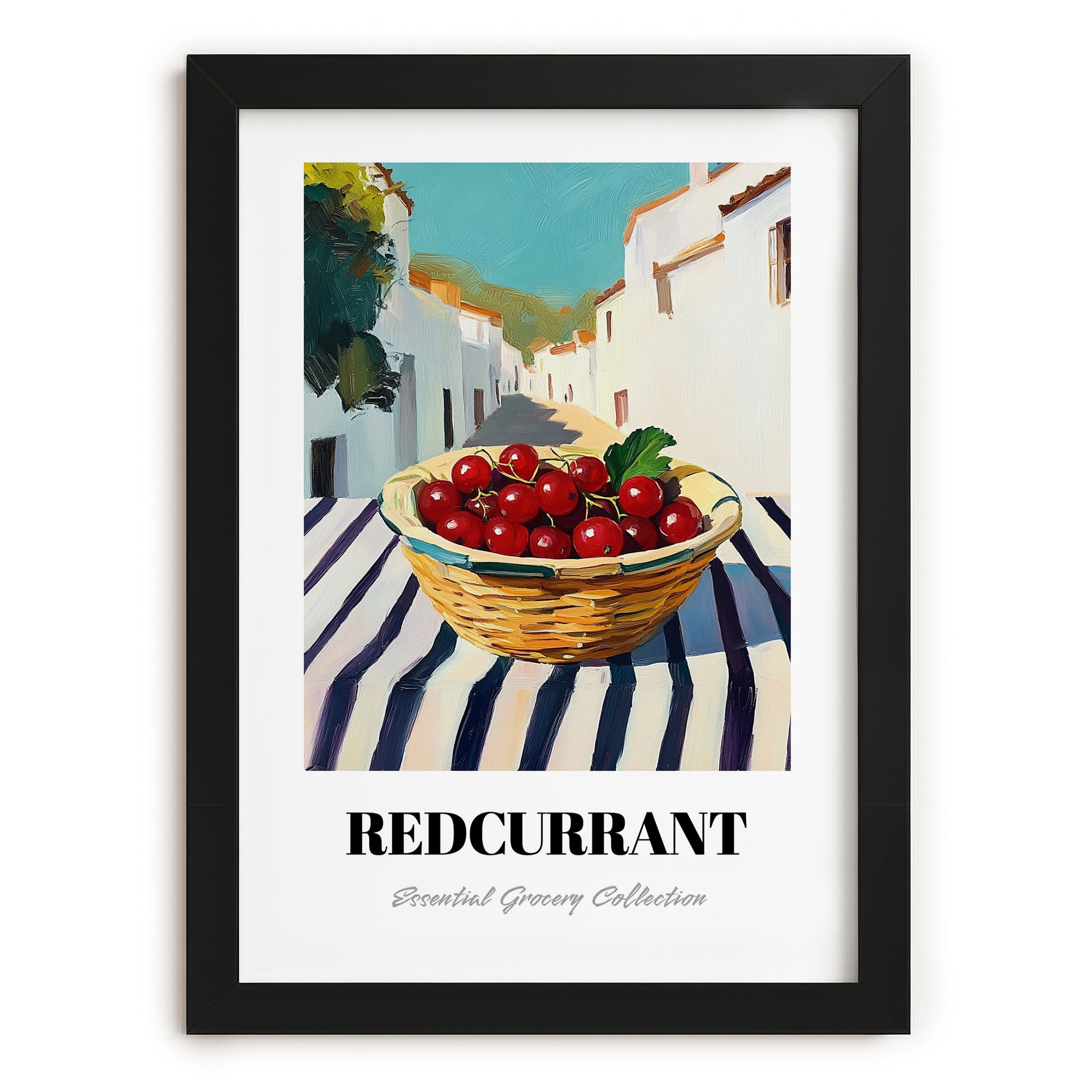 Redcurrant – White village Street Café Scene, Berries Still Life, in sleek black frame