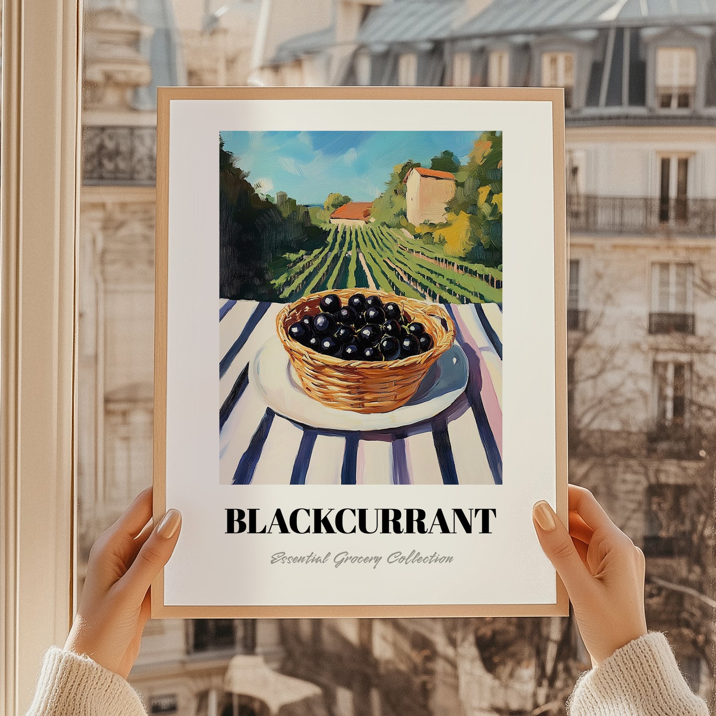 Blackcurrant – Green Valley Landscape, Berries Still Life, styled in a charming Paris street view