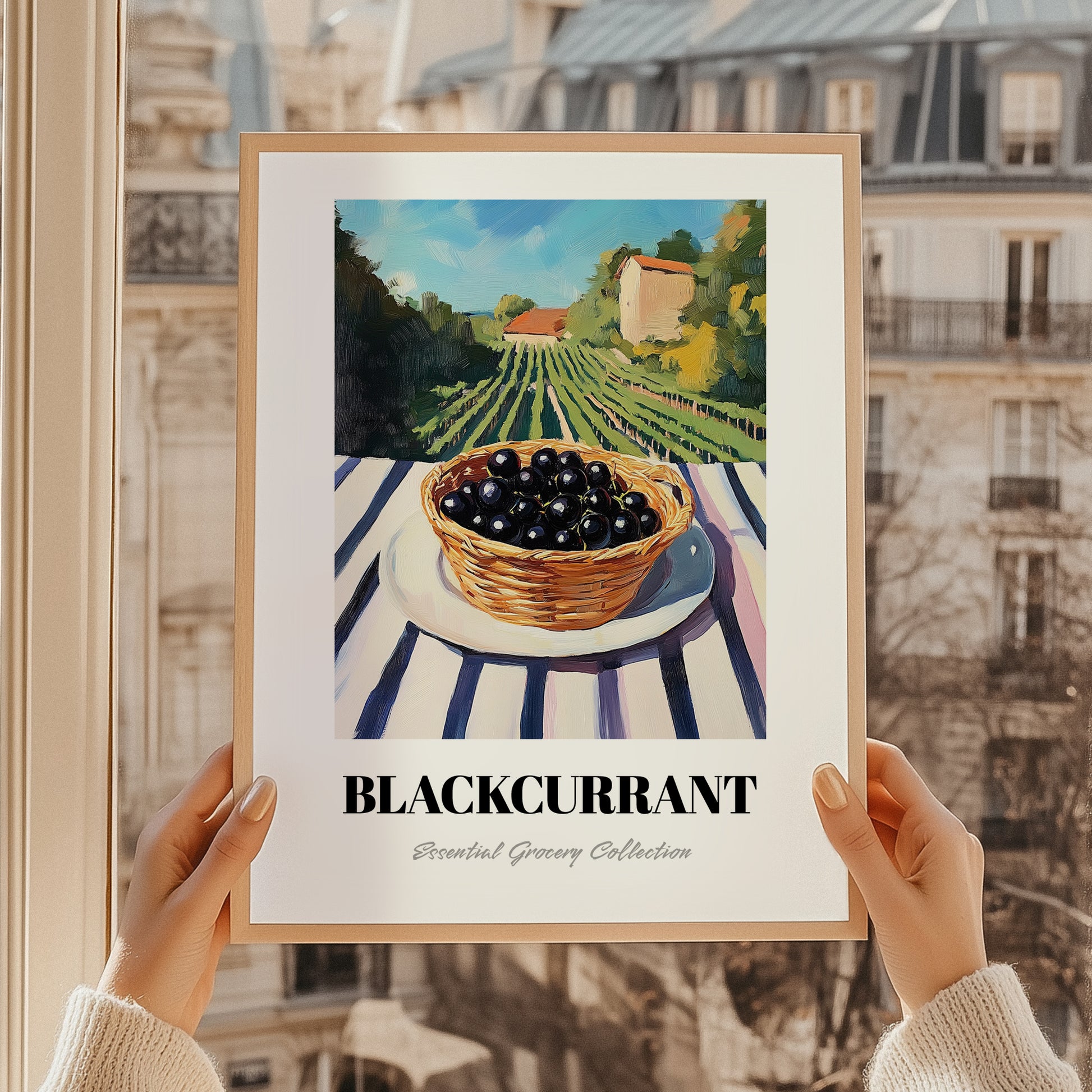 Blackcurrant – Green Valley Landscape, Berries Still Life, styled in a charming Paris street view