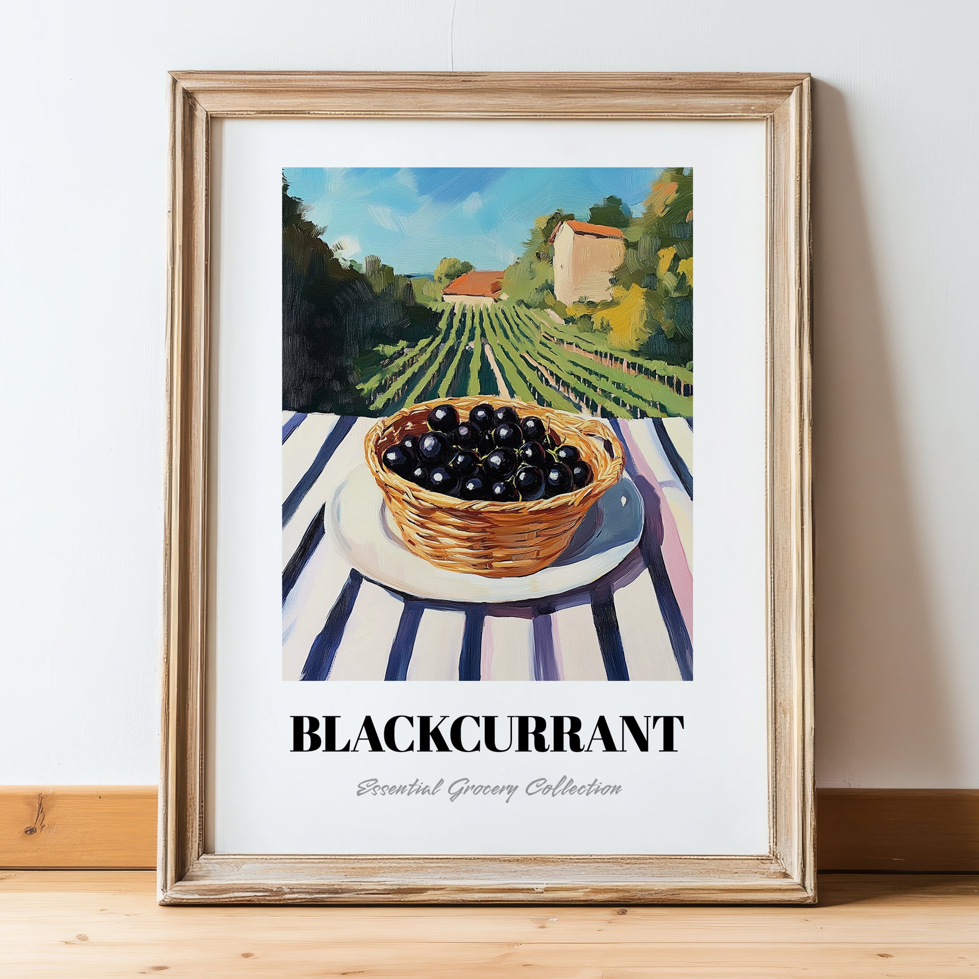 Blackcurrant – Green Valley Landscape, Berries Still Life, in wooden frame leaning on the floor