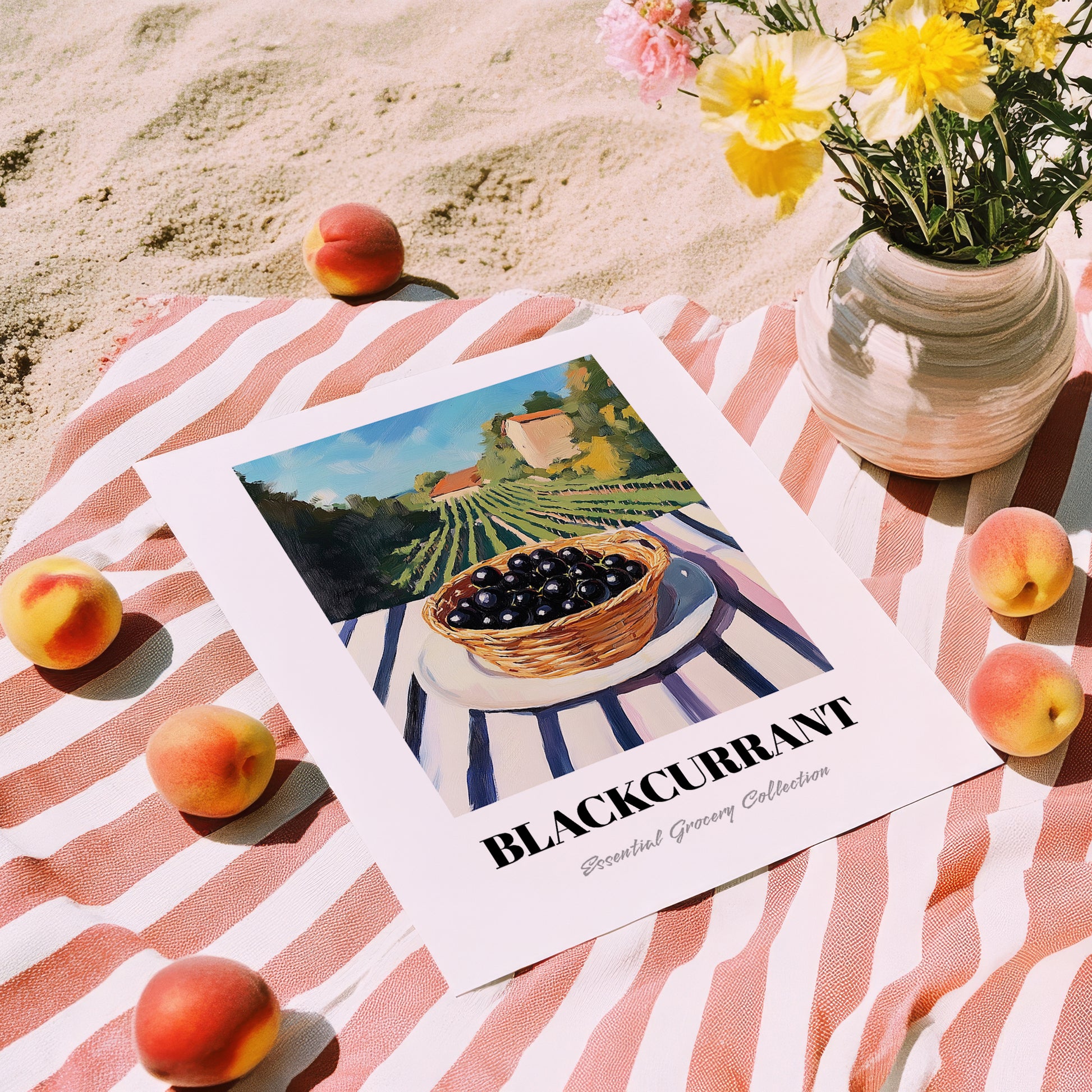 Blackcurrant – Green Valley Landscape, Berries Still Life, unframed on coastal sand