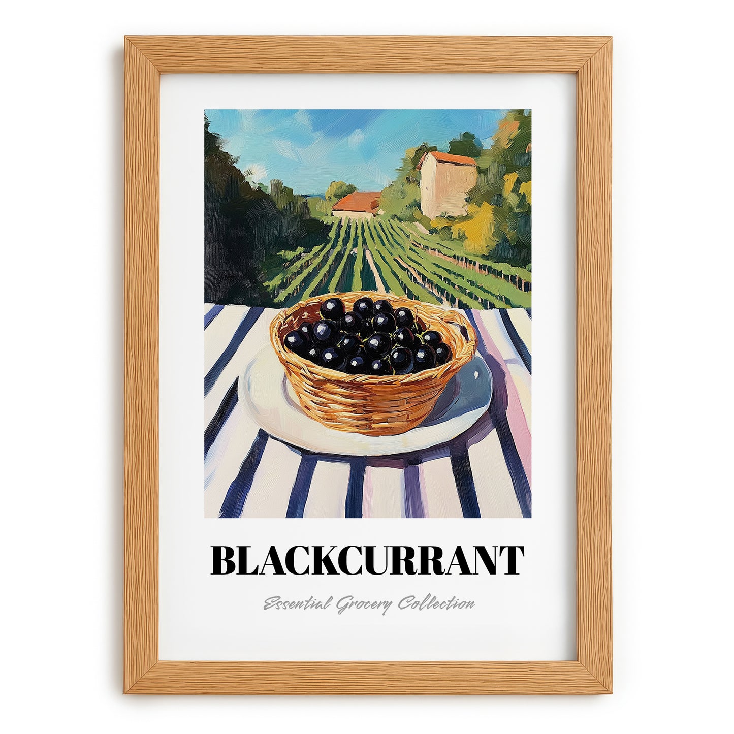 Blackcurrant – Green Valley Landscape, Berries Still Life, set in oak frame