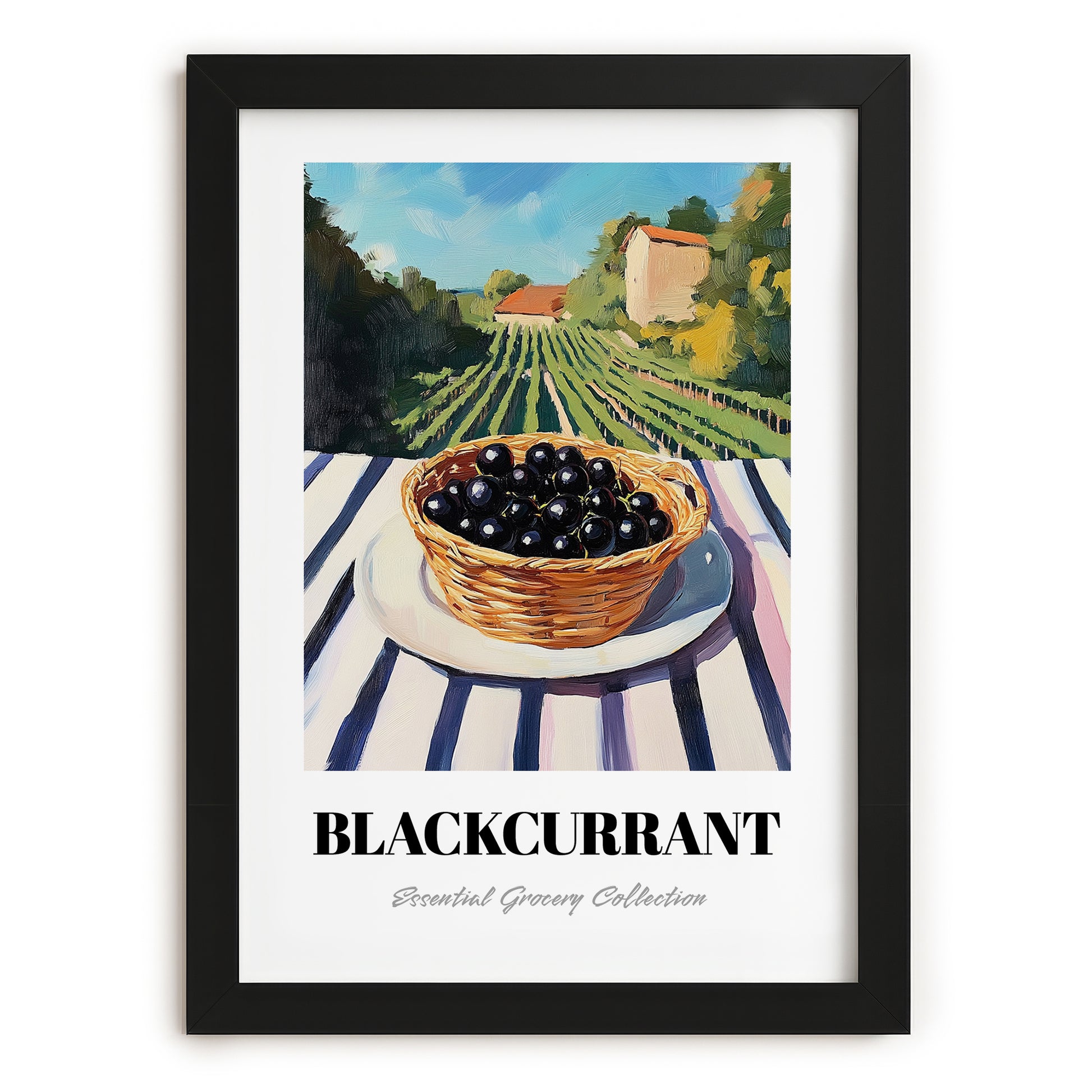 Blackcurrant – Green Valley Landscape, Berries Still Life, in sleek black frame