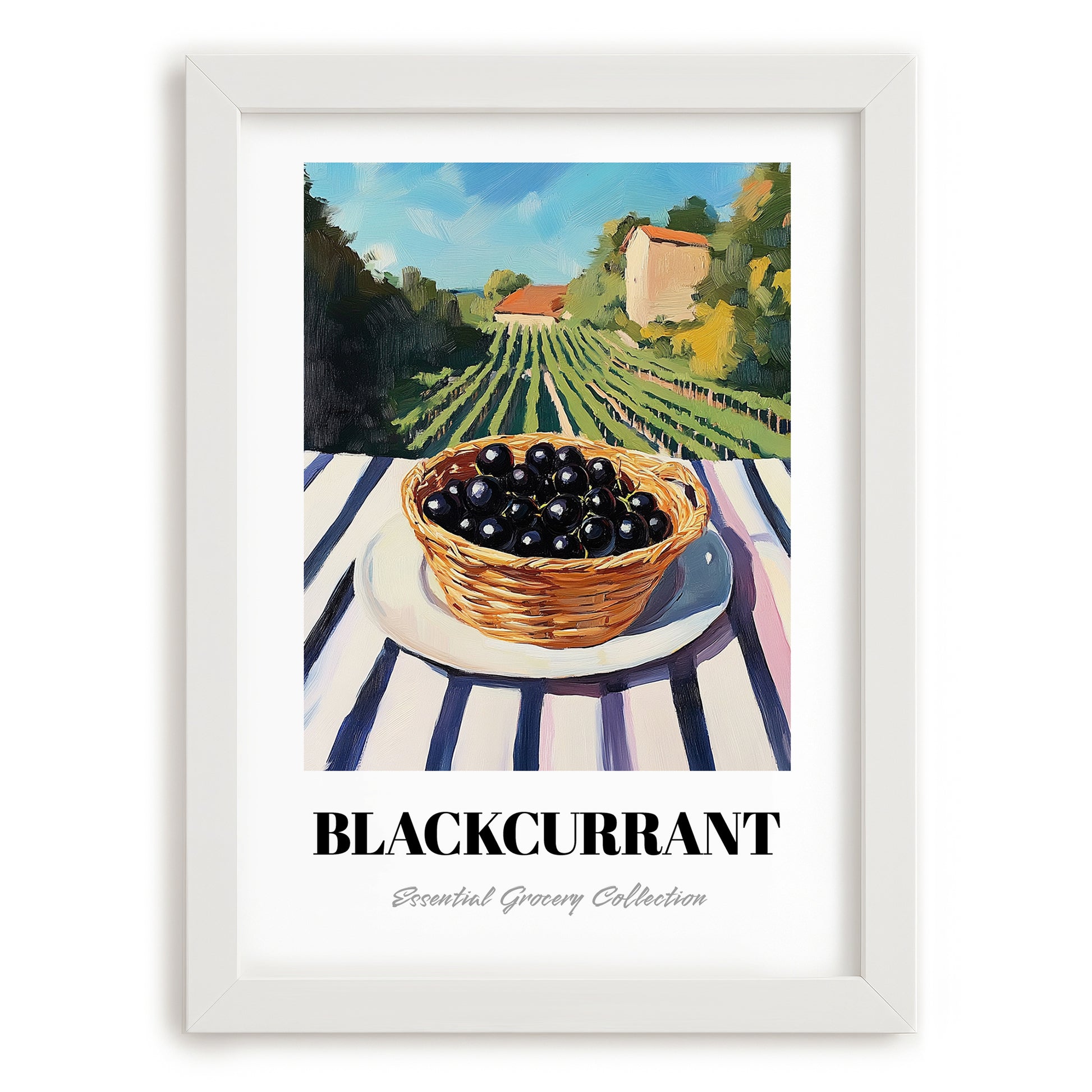 Blackcurrant – Green Valley Landscape, Berries Still Life, placed in minimal white frame